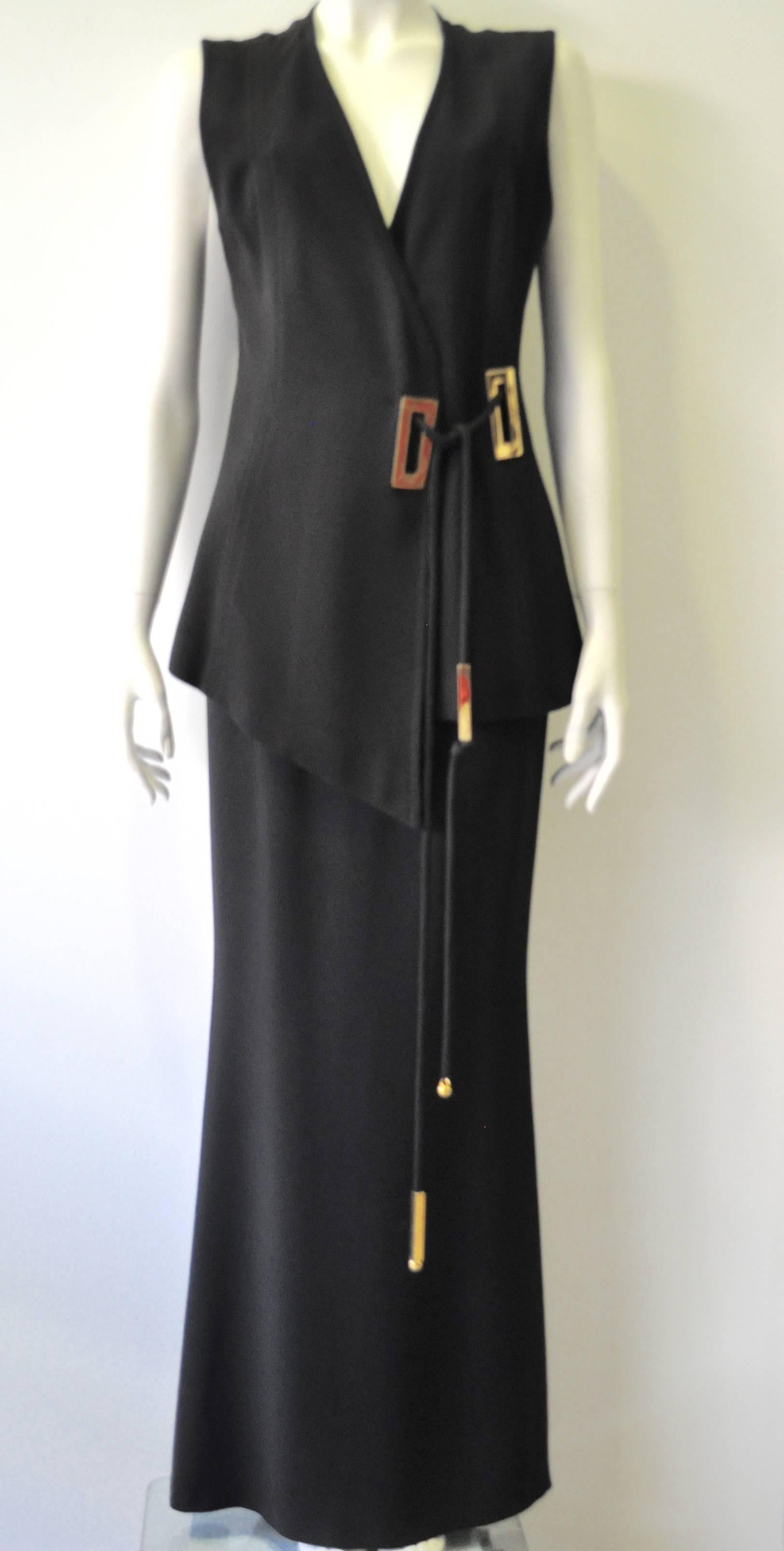 Exceptional Mod Angelo Mozzillo Long Vest over High Waisted Maxi Skirt featuring Gold Hardware Tassel and Subtle Contrast Stitching