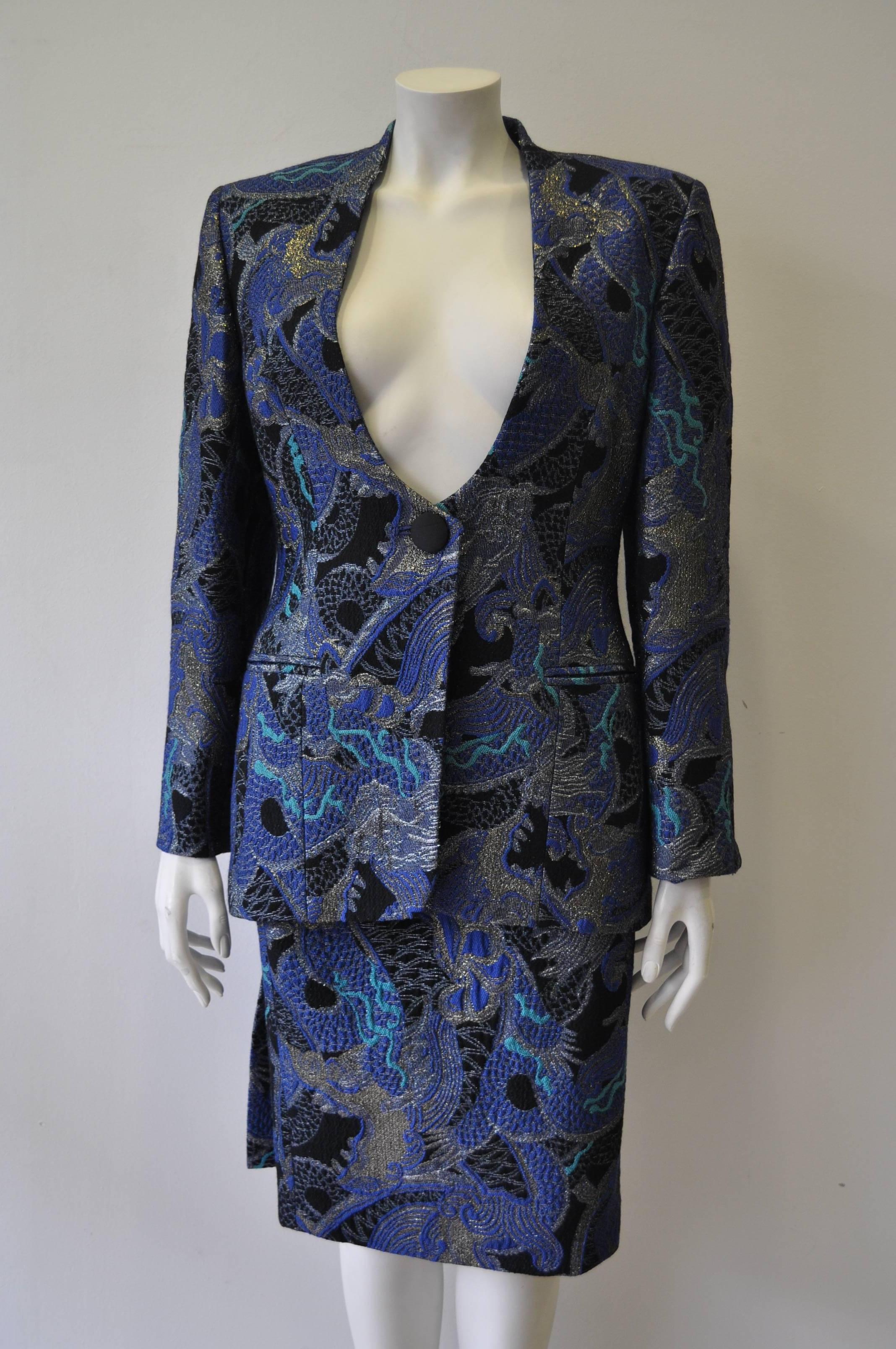 Posh Gianfranco Ferre Plunging Neckline Blue Hue Design Skirt Suit