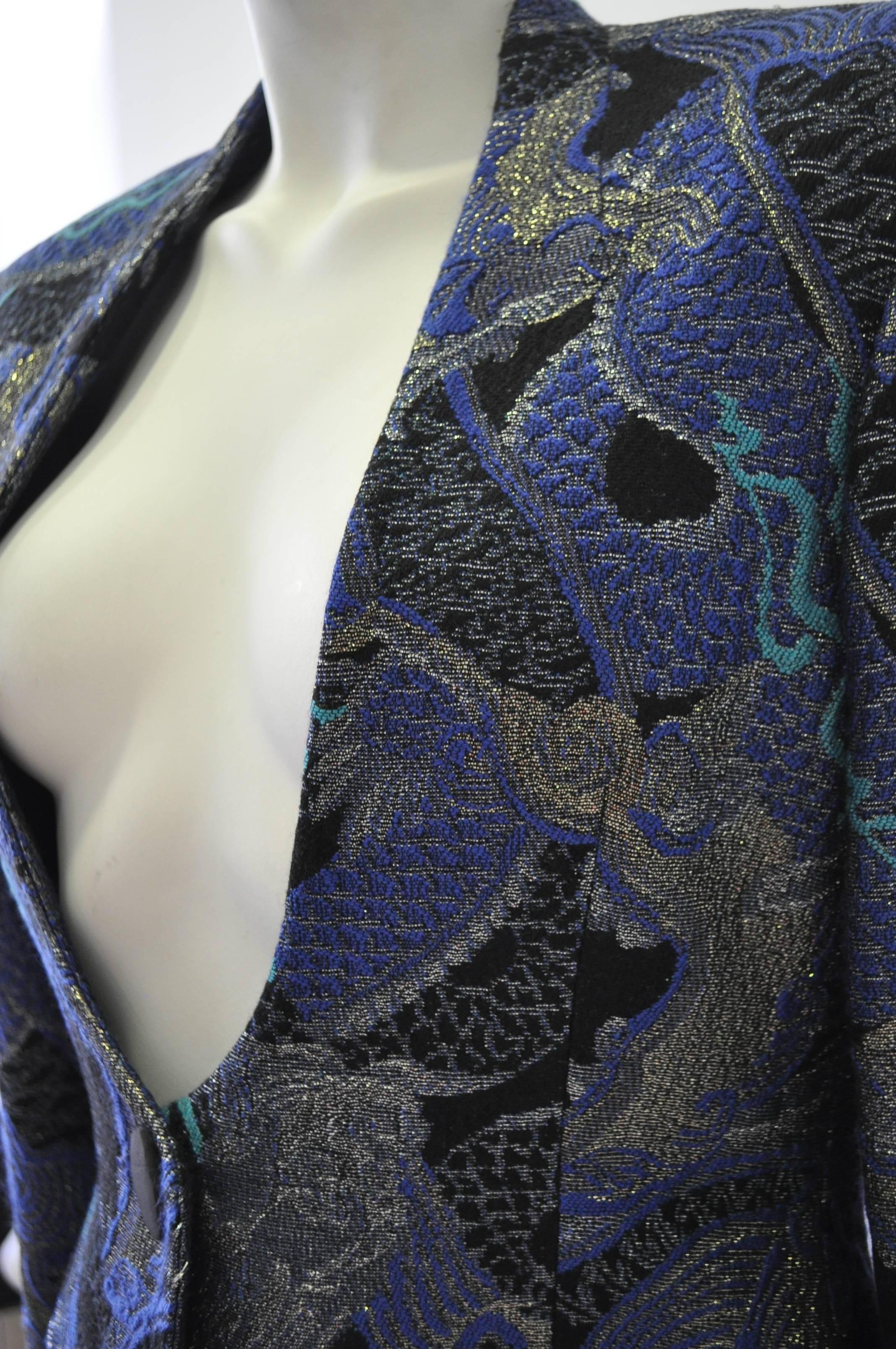 Black Gianfranco Ferre Plunging Neckline Blue Hue Design Skirt Suit For Sale