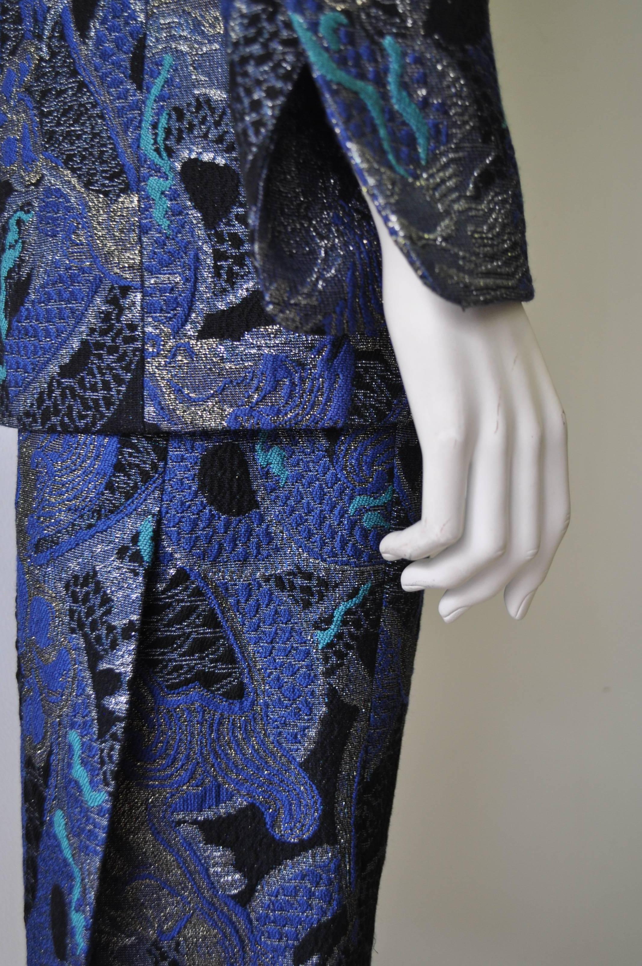Gianfranco Ferre Plunging Neckline Blue Hue Design Skirt Suit For Sale 1