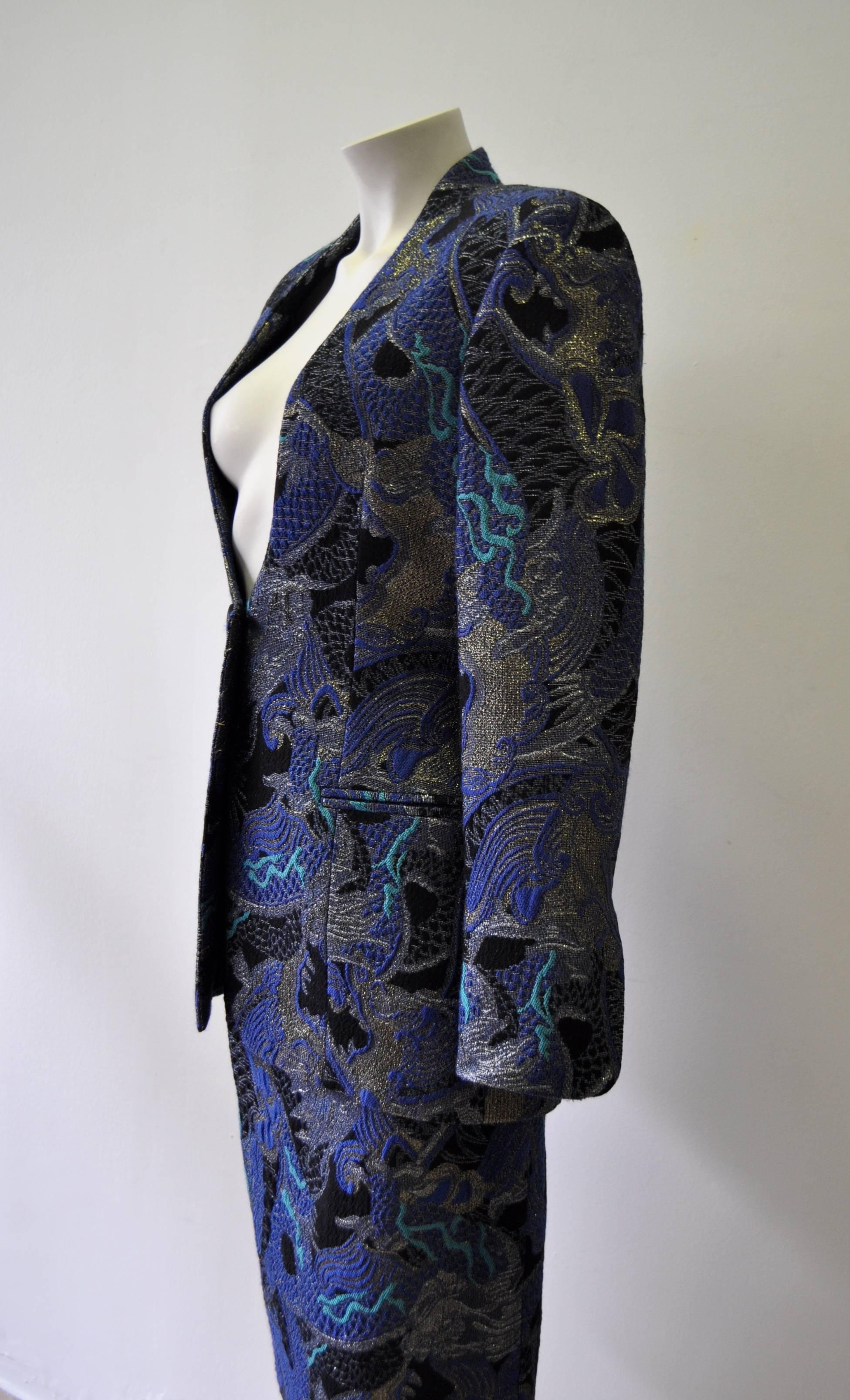 Women's Gianfranco Ferre Plunging Neckline Blue Hue Design Skirt Suit For Sale