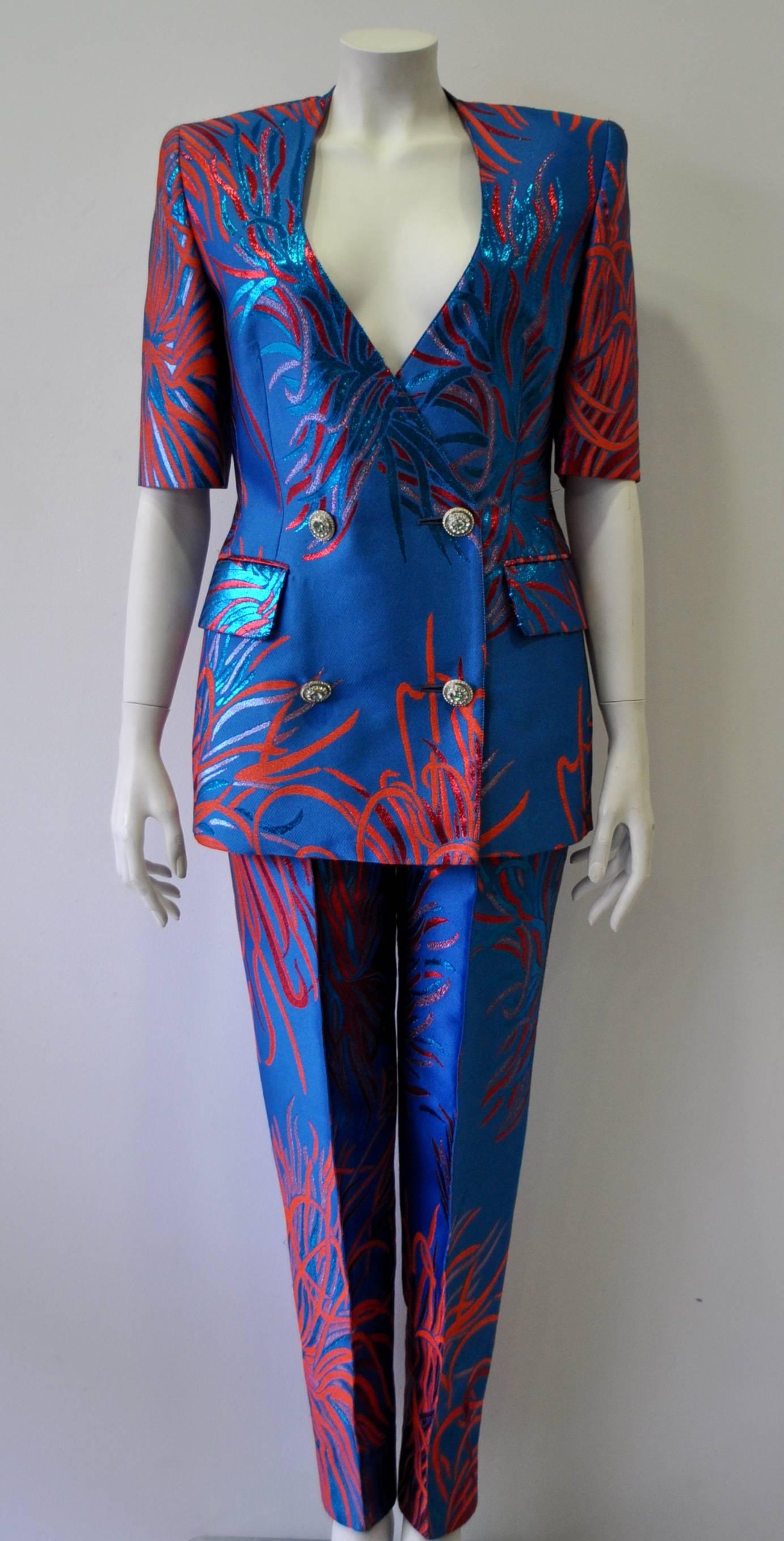 Important Gianfranco Ferre Electric Blue and Red Hue Fronds Print Plunging V Double Breasyed Lame Short Sleeve Pant Suit