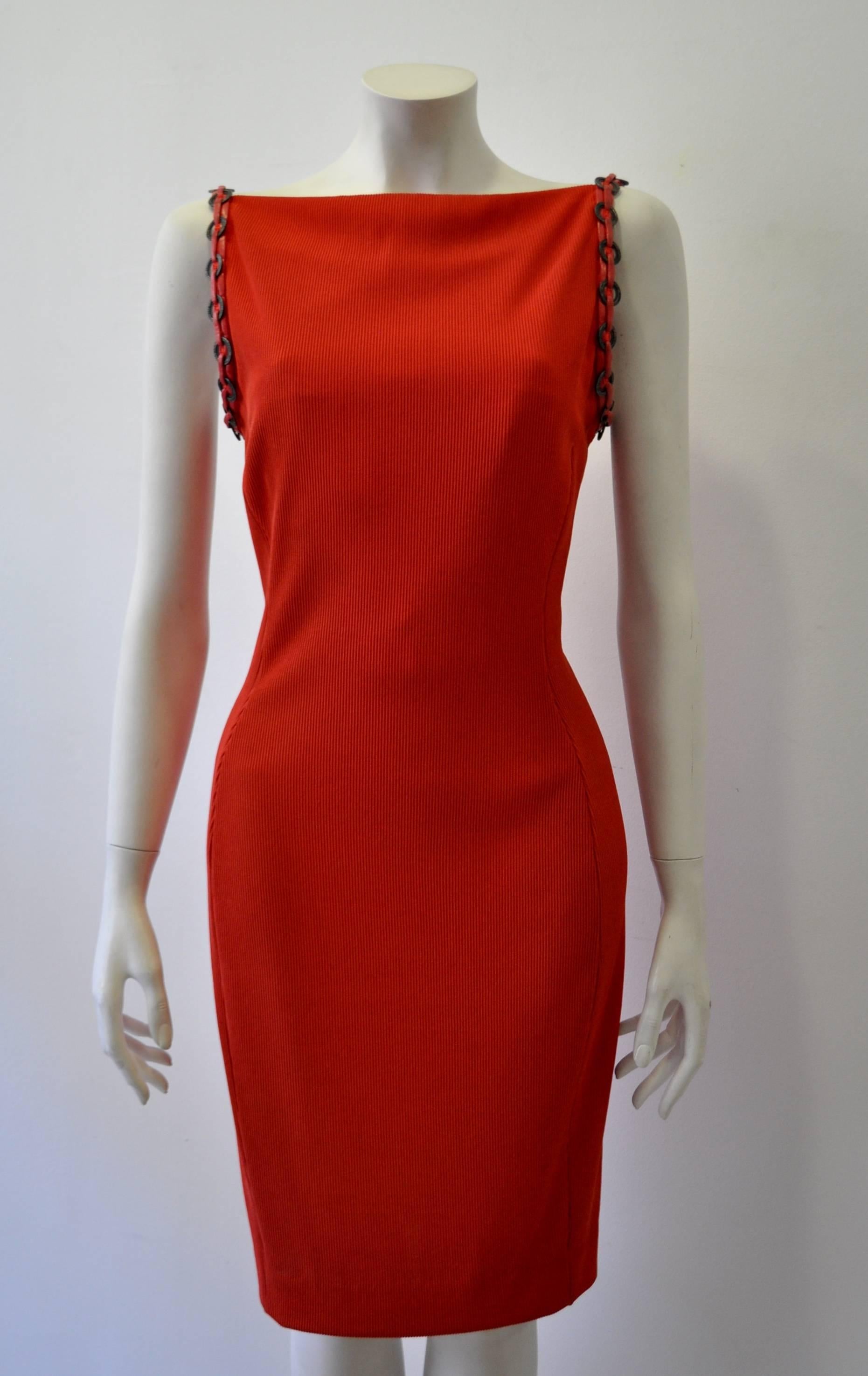 Iconic Gianni Versace Couture Red Siren Bodycon Dress featuring "Meandros" Greek Key Design Links on Leather Trim Straps