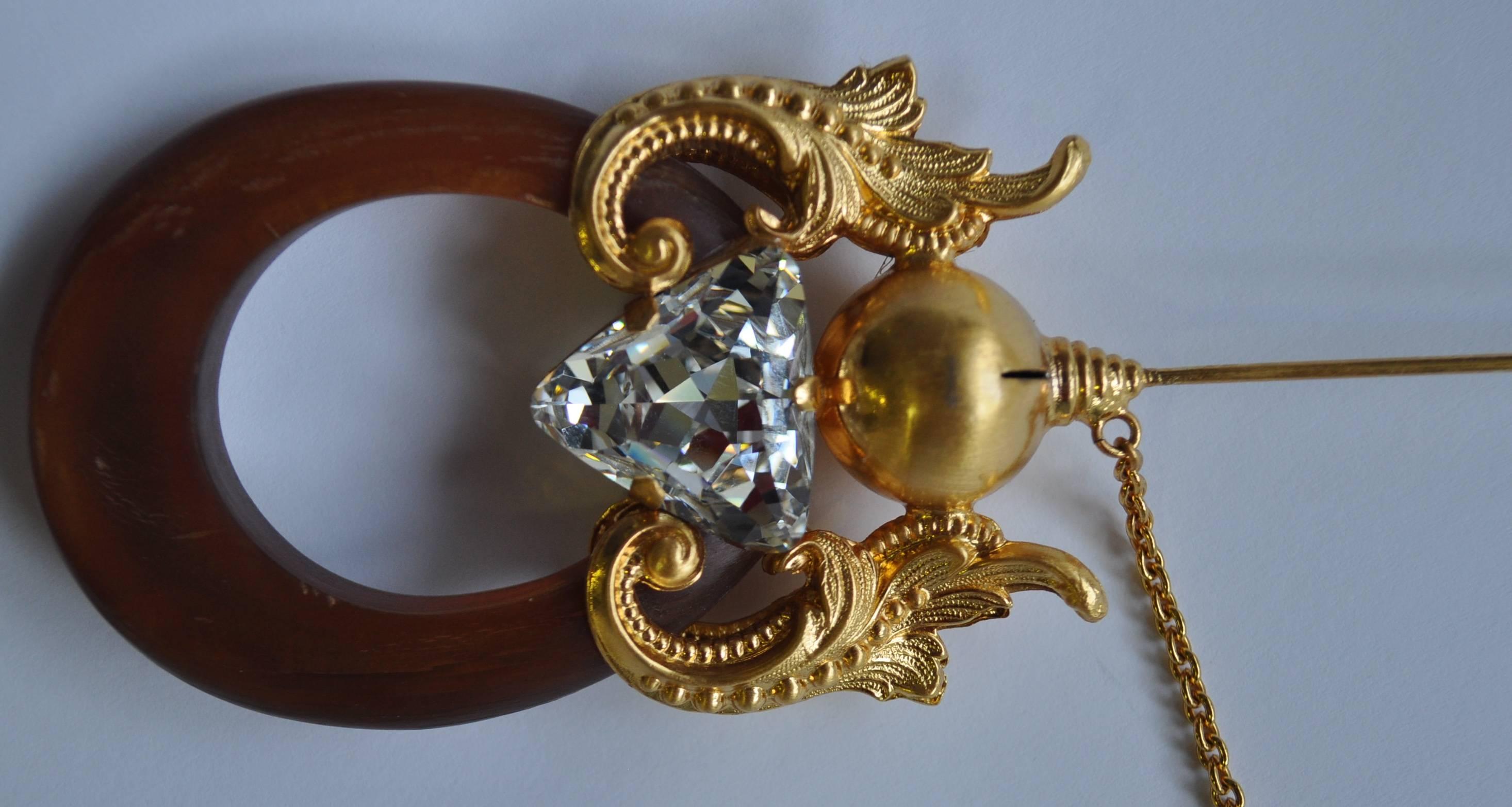Commanding Gianfranco Ferre Gold & Wood Finished Crystal Statement Brooch