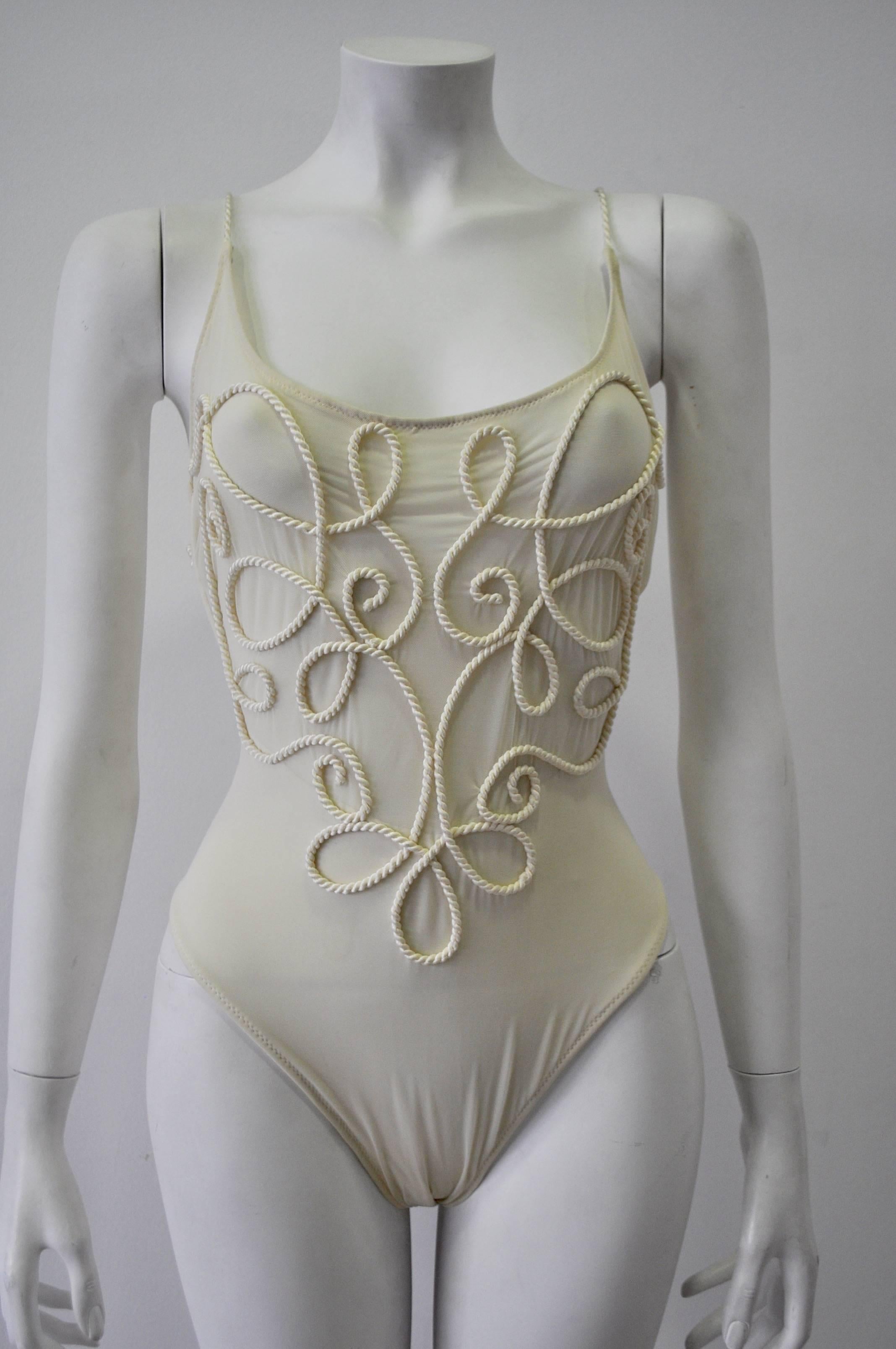 Gray Exquisite Gianfranco Ferre Cream Rope Embroidery Embellished Swimsuit For Sale