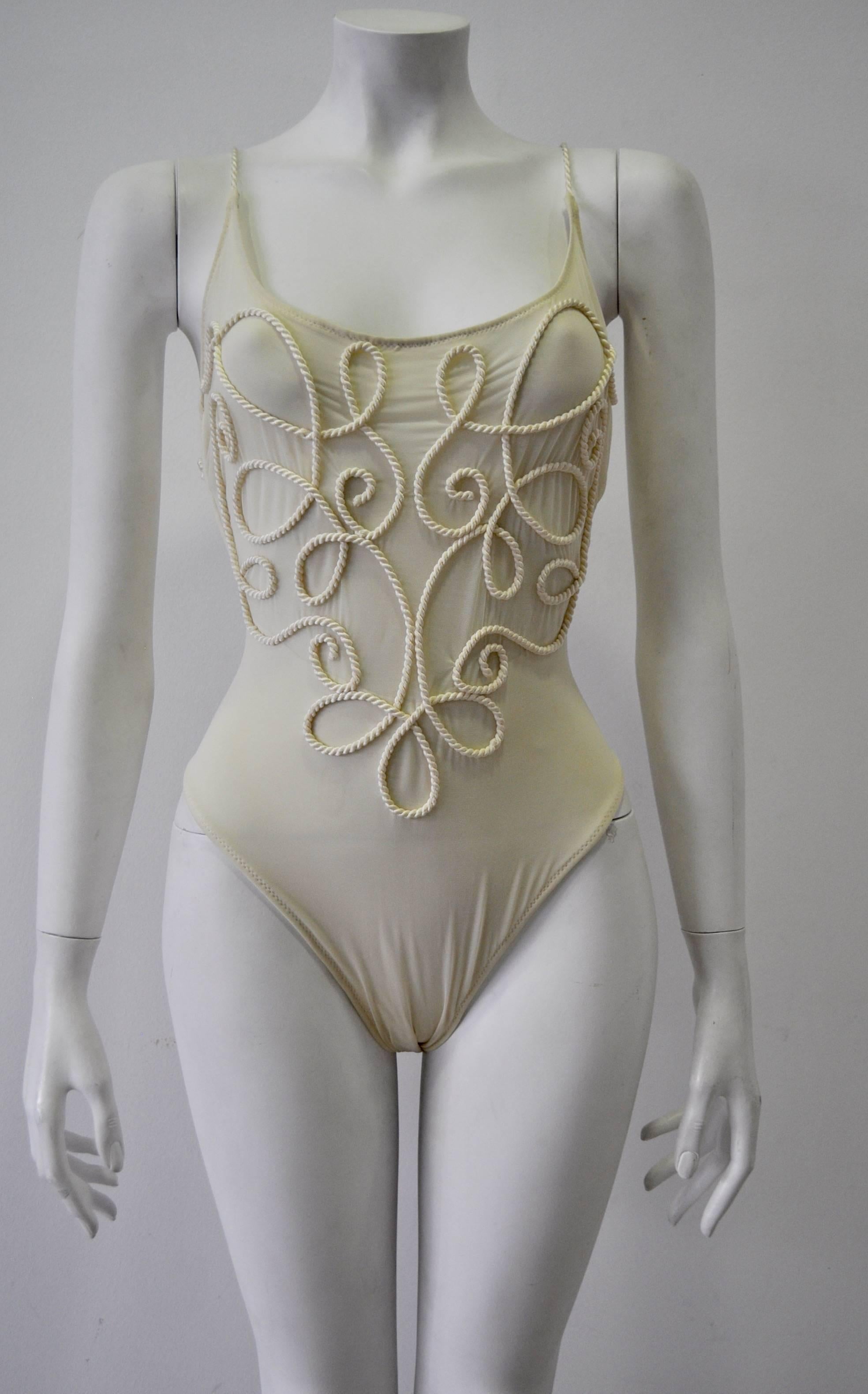 Exquisite Gianfranco Ferre Cream Rope Embroidery Embellished Swimsuit In Excellent Condition For Sale In Athens, Agia Paraskevi