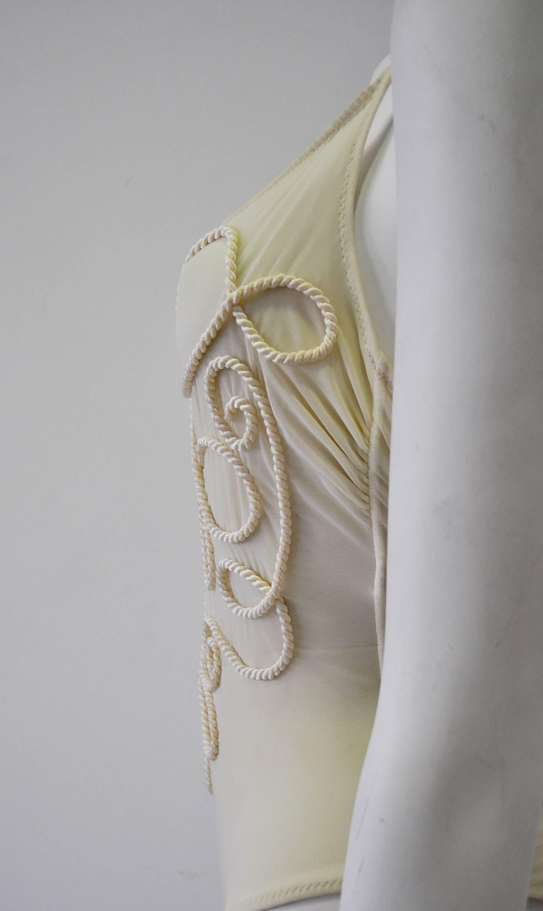 Exquisite Gianfranco Ferre Cream Rope Embroidery Embellished Swimsuit For Sale 2