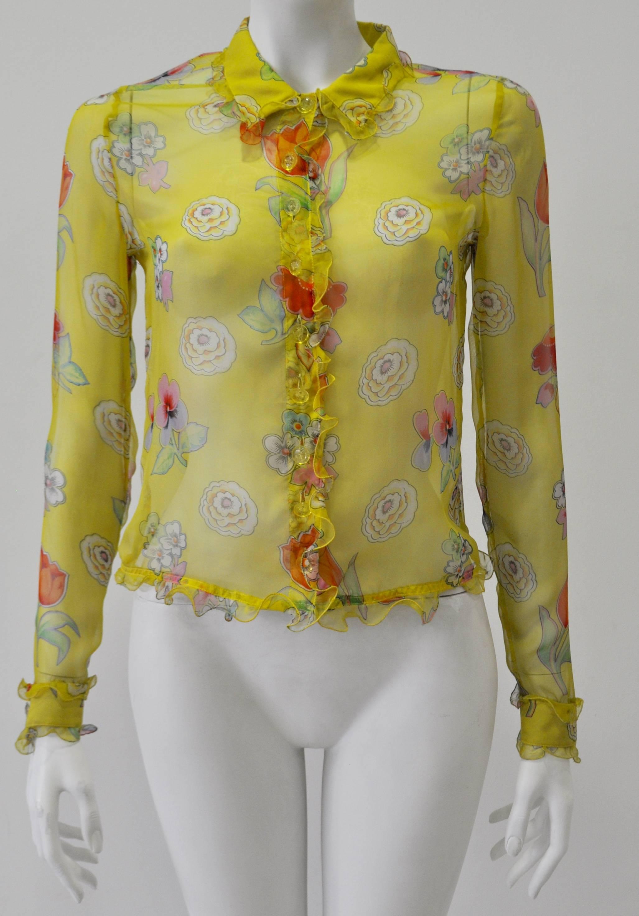 Gianni Versace Couture Sheer Yellow Floral Ruffle Trim 100% Silk Shirt featuring Clear Medusa Buttons, Spring 1997