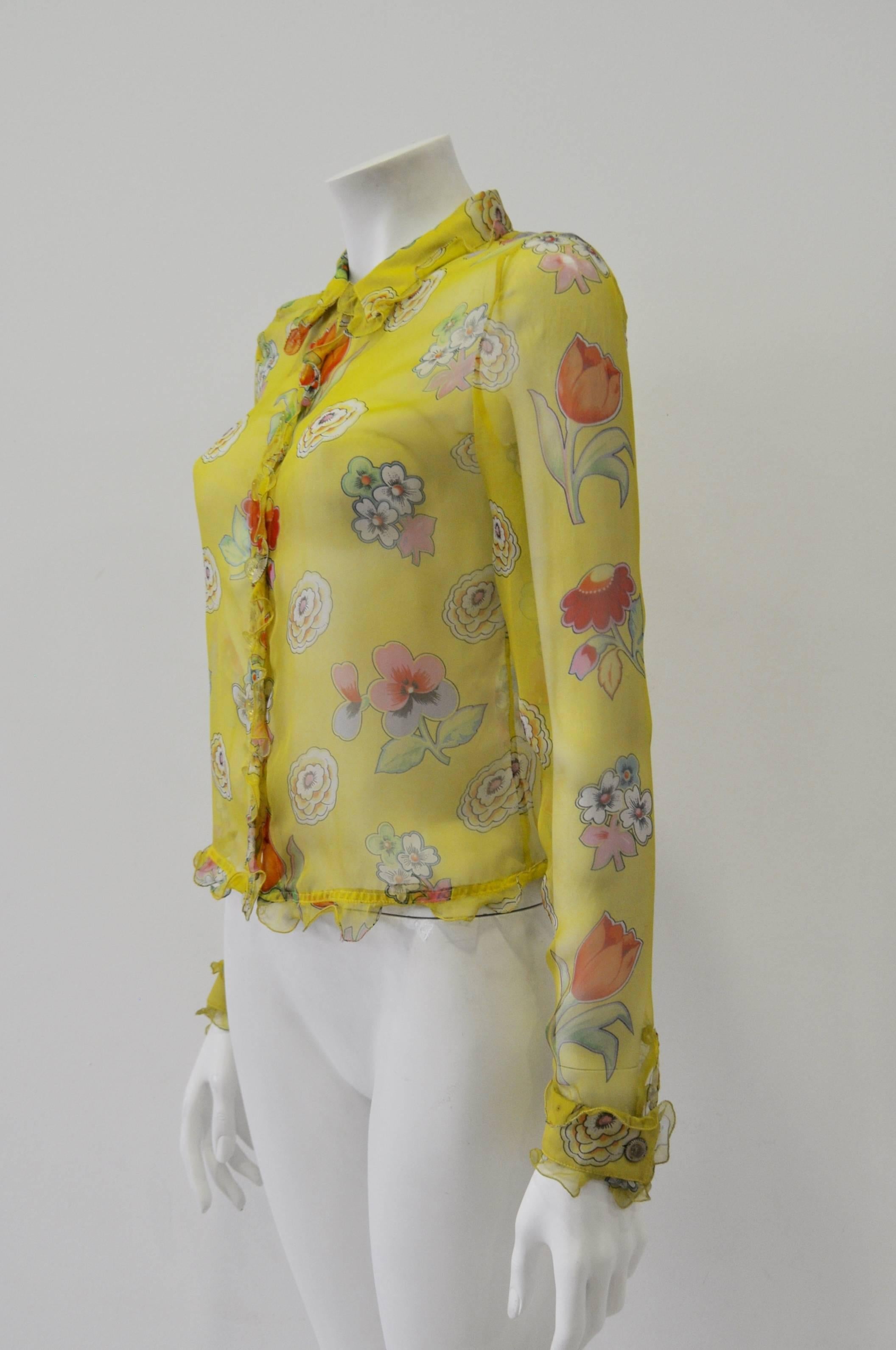 Brown Gianni Versace Couture Sheer Yellow Floral Ruffle Trim Silk Shirt For Sale