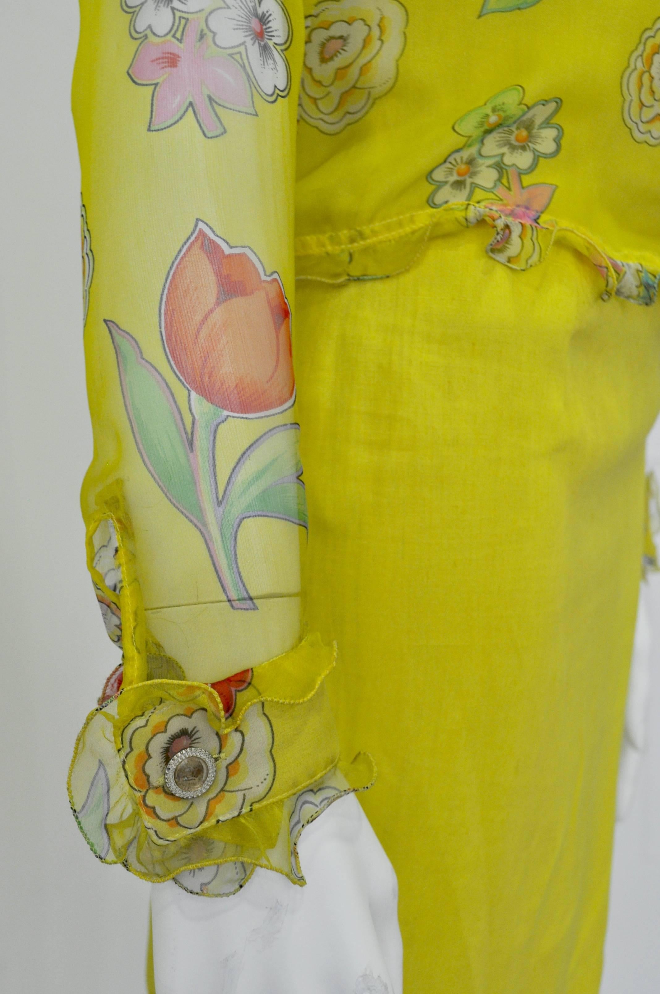 Gianni Versace Couture Sheer Yellow Floral Ruffle Trim Silk Shirt In New Condition For Sale In Athens, Agia Paraskevi