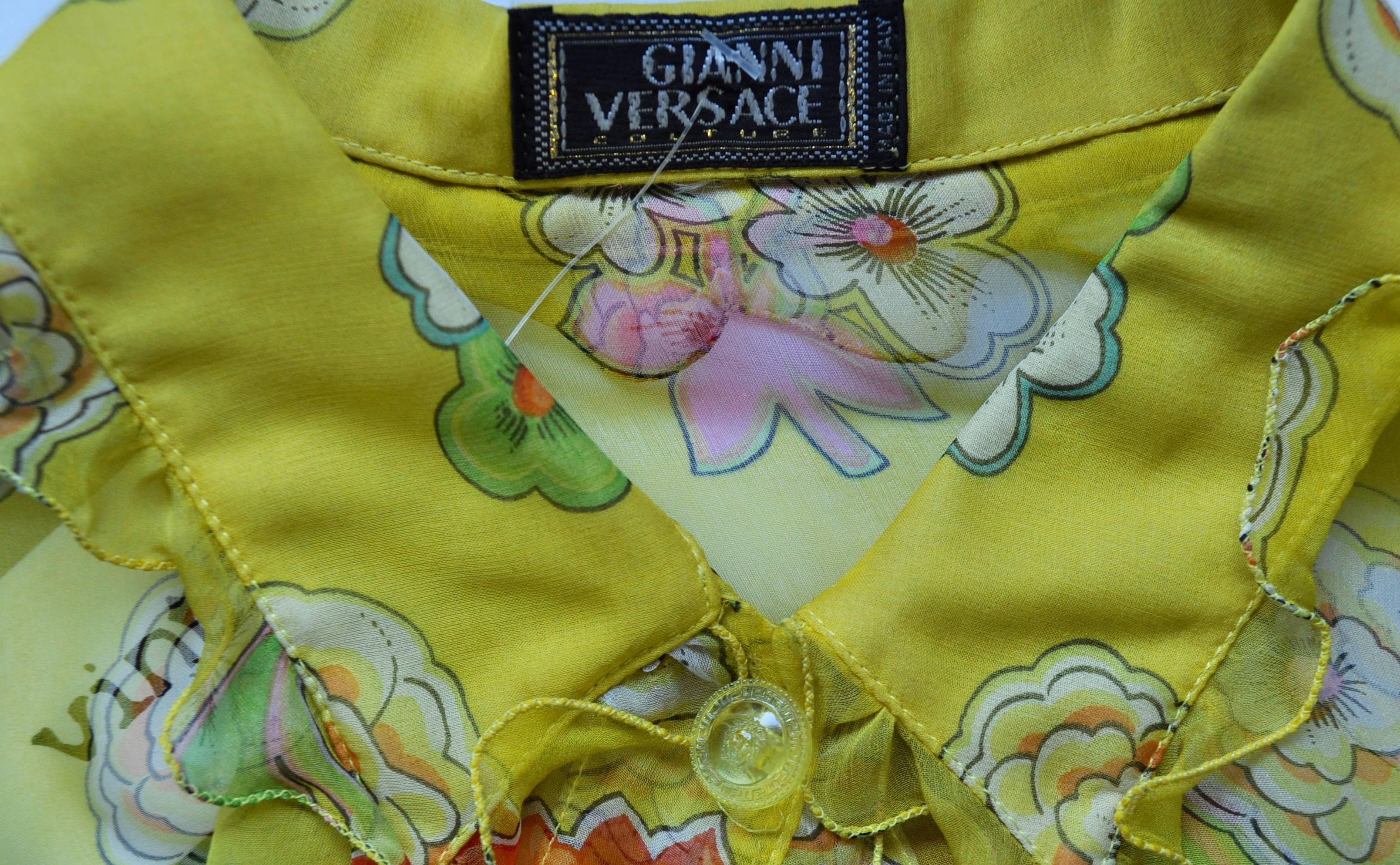 Gianni Versace Couture Sheer Yellow Floral Ruffle Trim Silk Shirt For Sale 1