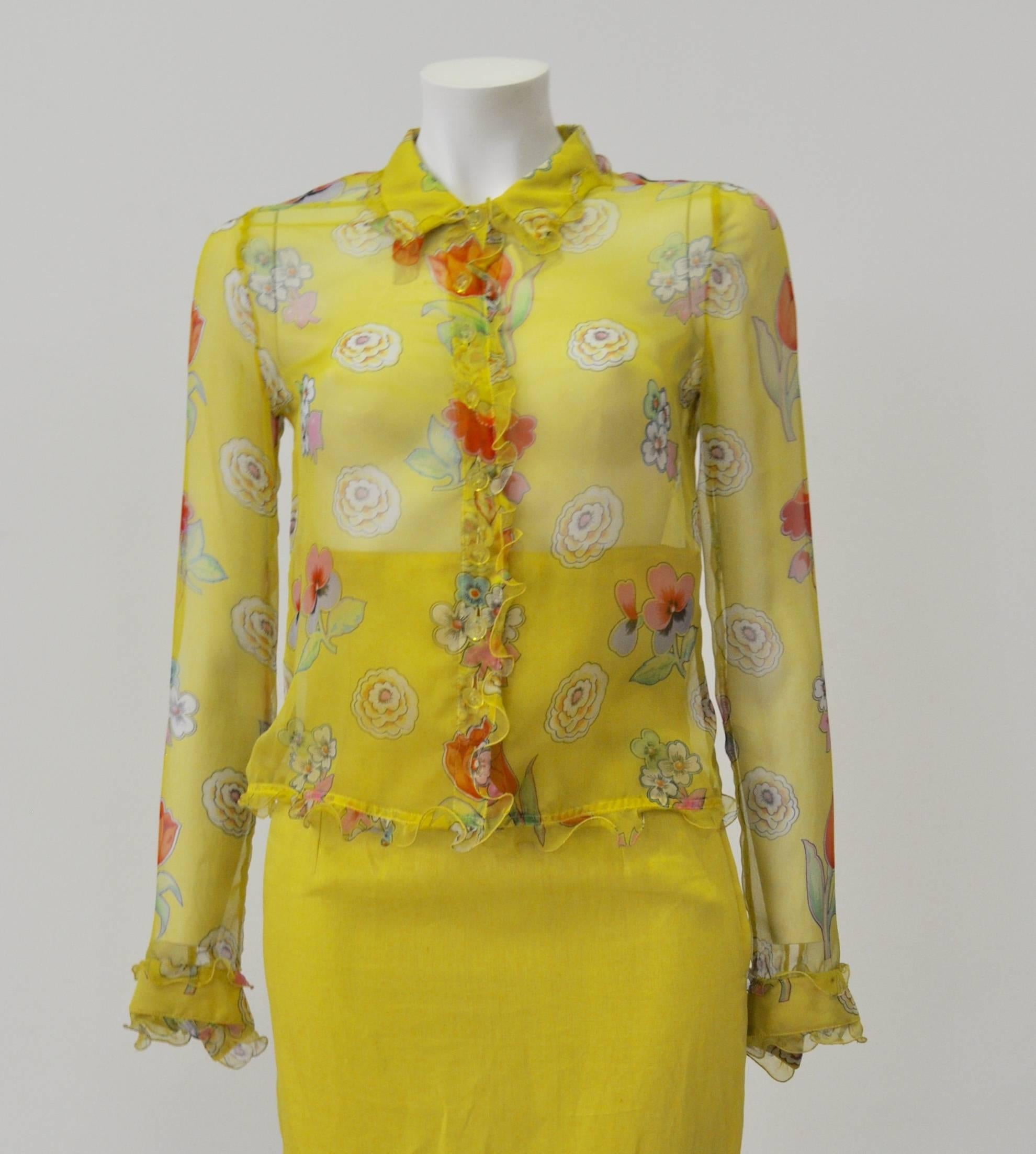 Gianni Versace Couture Sheer Yellow Floral Ruffle Trim Silk Shirt For Sale 2