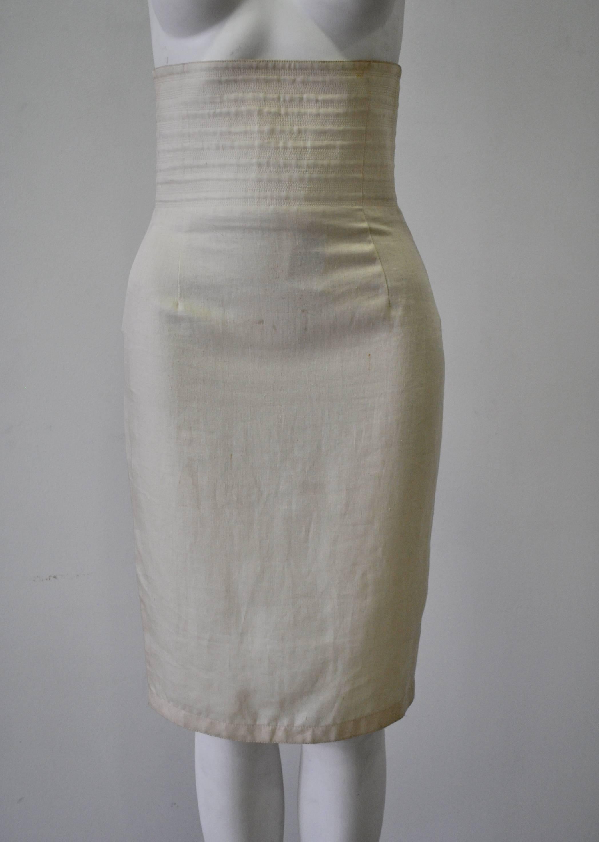 Gray Gianni Versace Biege High Waisted Linen Skirt For Sale