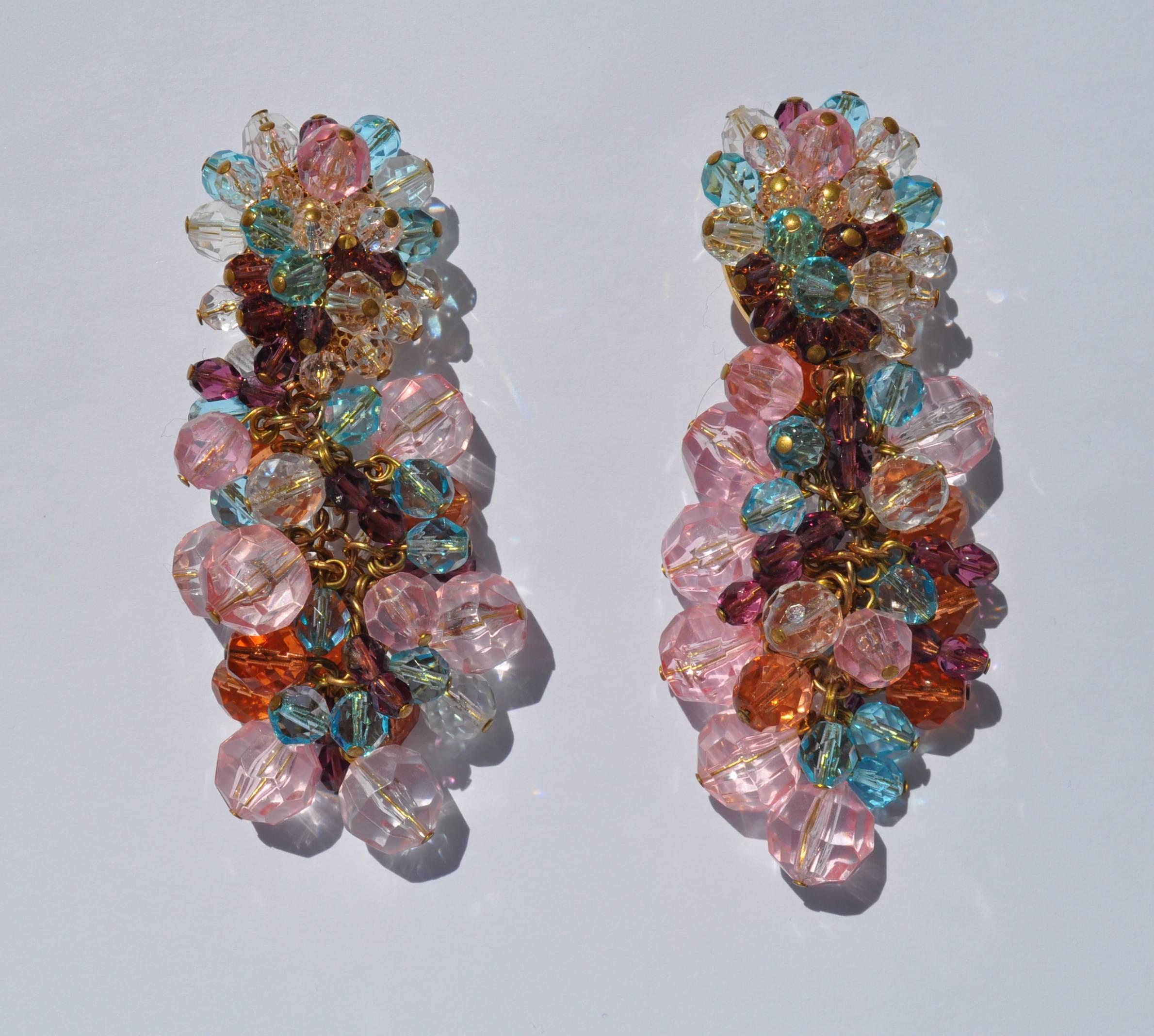 Radiant Gianfranco Ferre Multi-Color Cluster Glass Bead Light Refracting Clip-On Statement Earrings