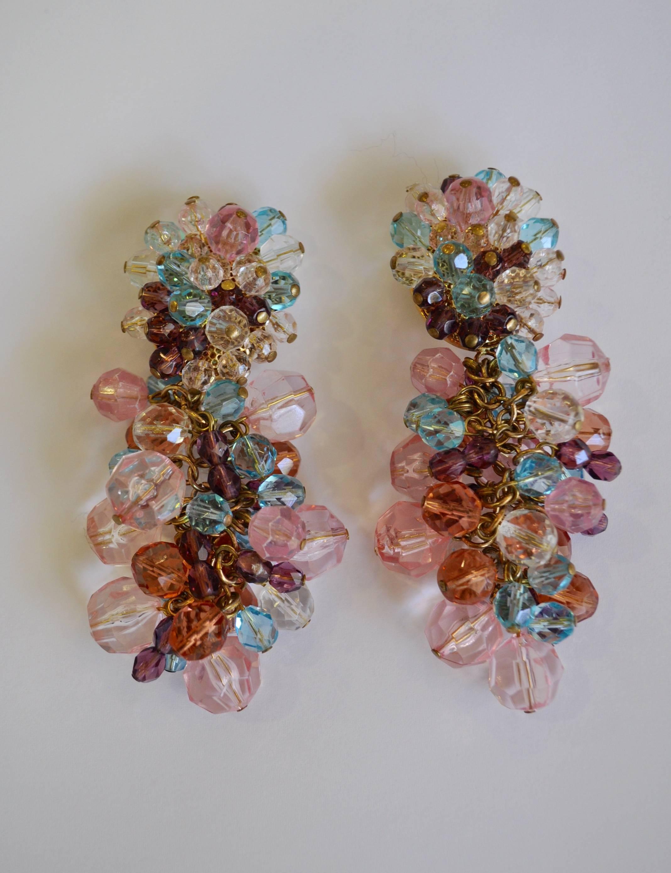 Radiant Gianfranco Ferre Multi-Color Cluster Glass Bead Statement Earrings In Excellent Condition For Sale In Athens, Agia Paraskevi