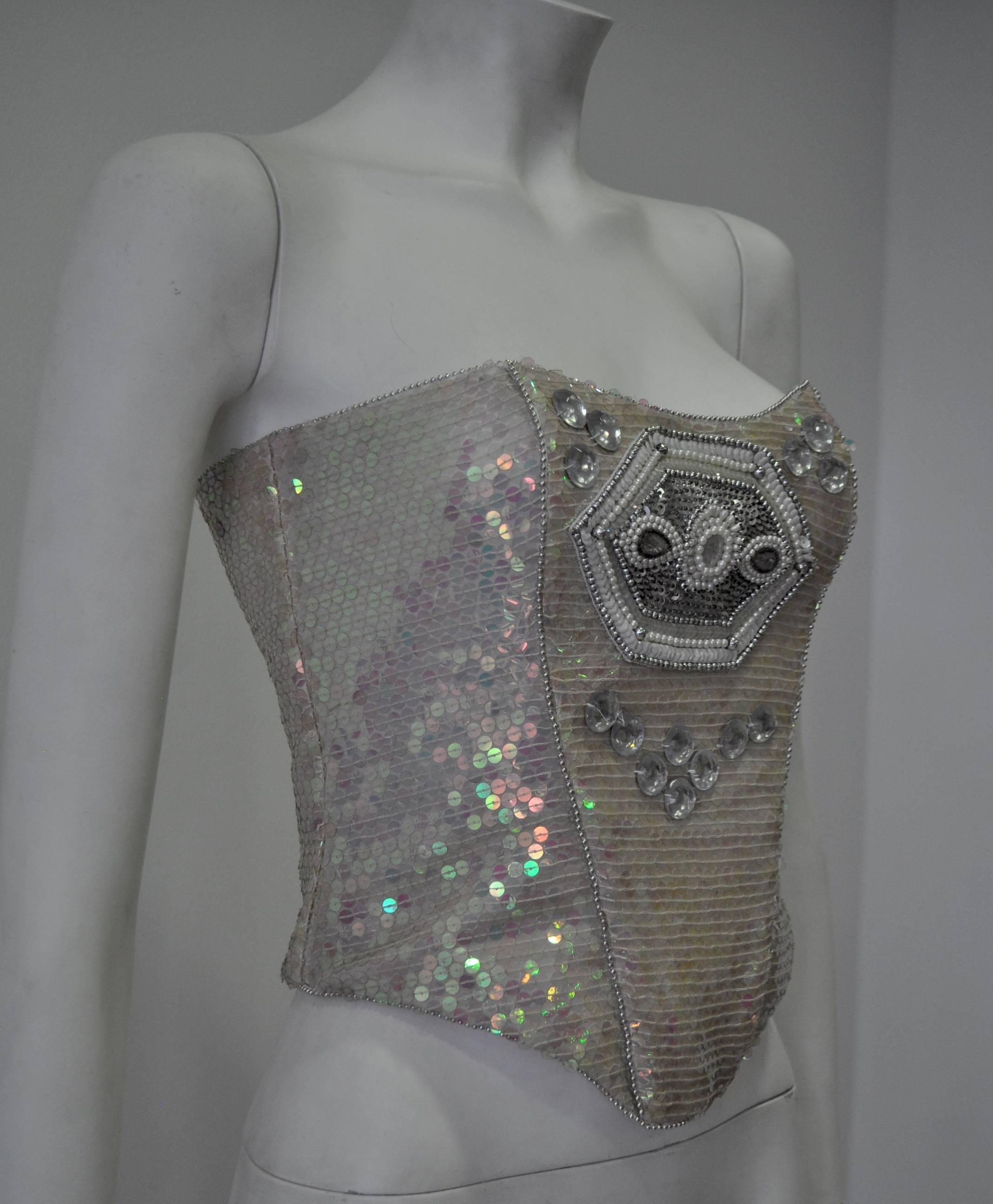 Gray Ella Singh Intricate Bead Embroidered Iridescent Sequin Bustier For Sale