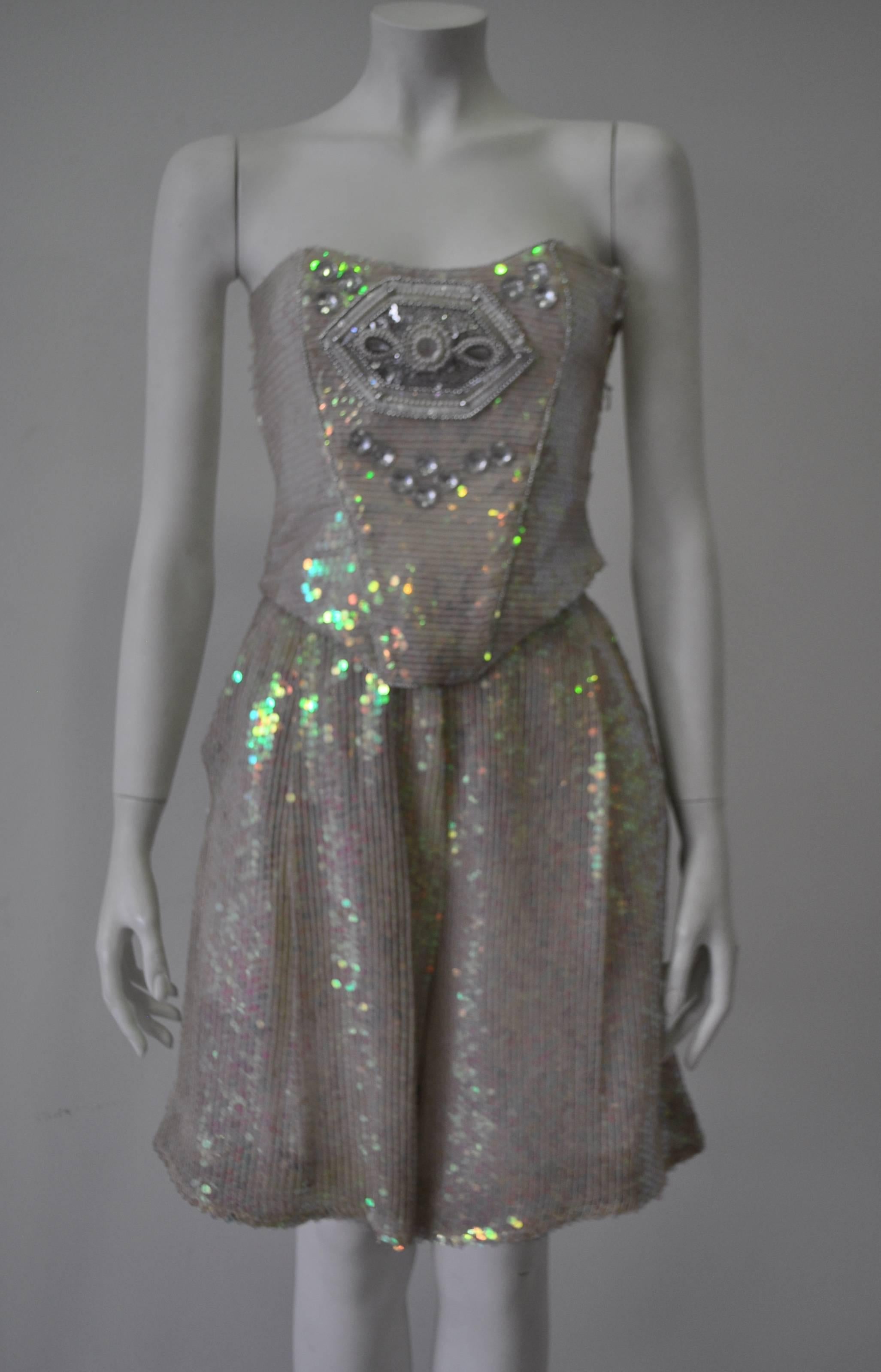 Women's Ella Singh Intricate Bead Embroidered Iridescent Sequin Bustier For Sale