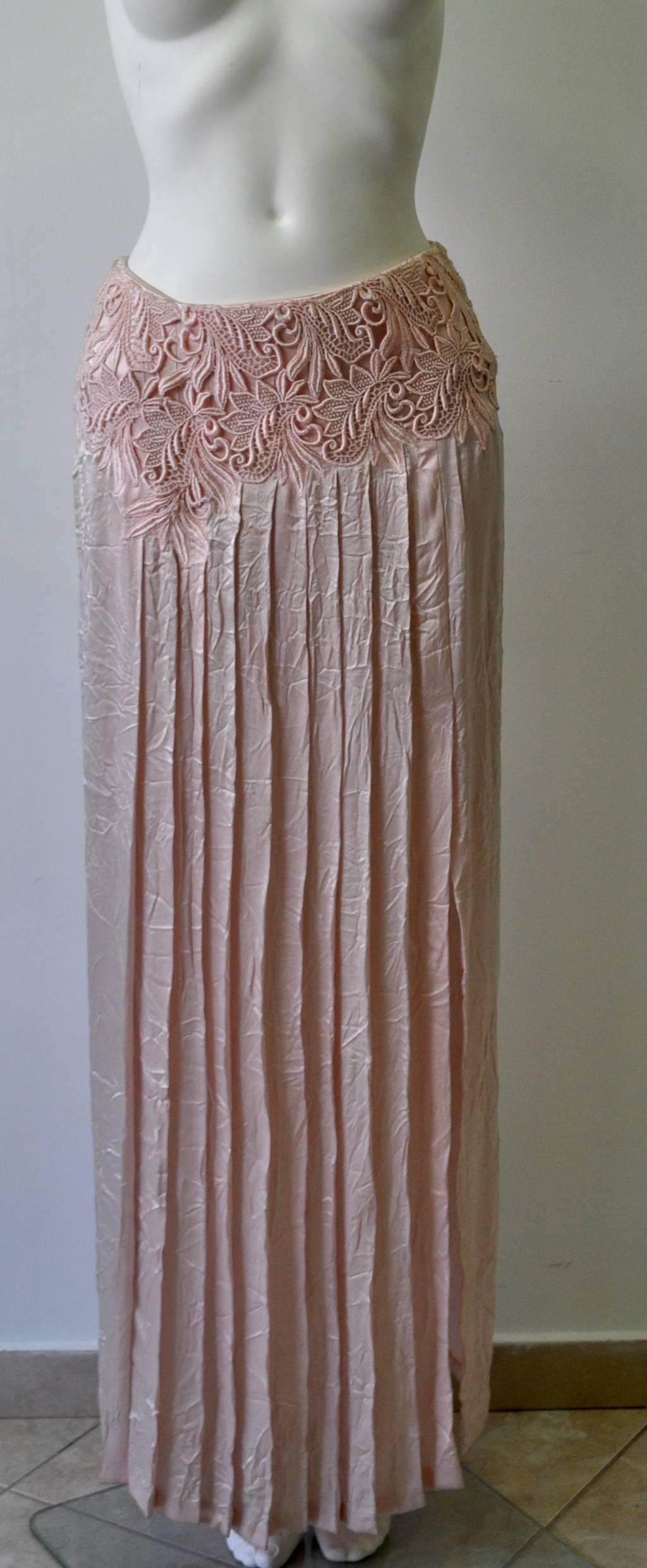 Rare Gianni Versace Couture Silk "Wrinkle Chic" Maxi Skirt Featuring Lace Overlay Waistband with High Side Slits, Notorious Spring 1994 Punk Collection