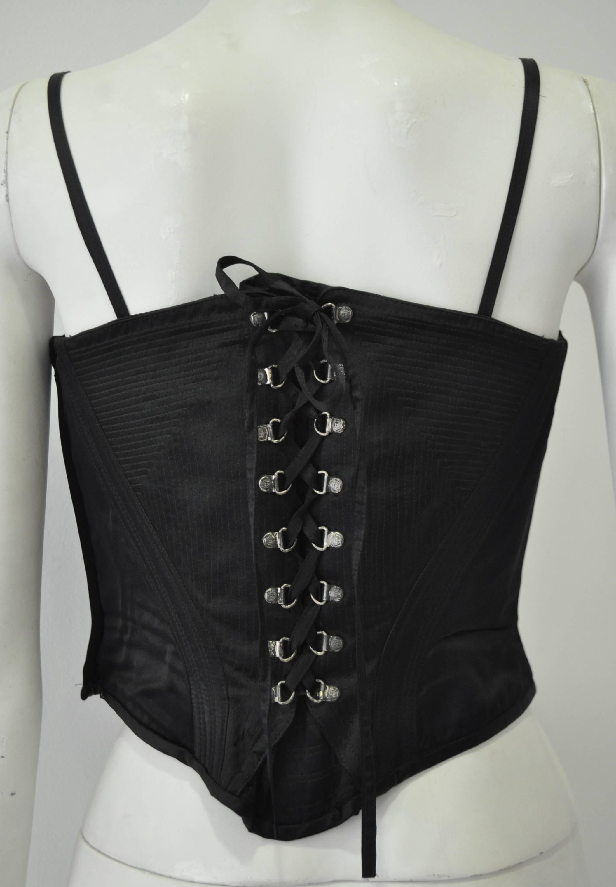 Black Iconic Gianni Versace Couture Boned Lace-Up Silk Bustier For Sale