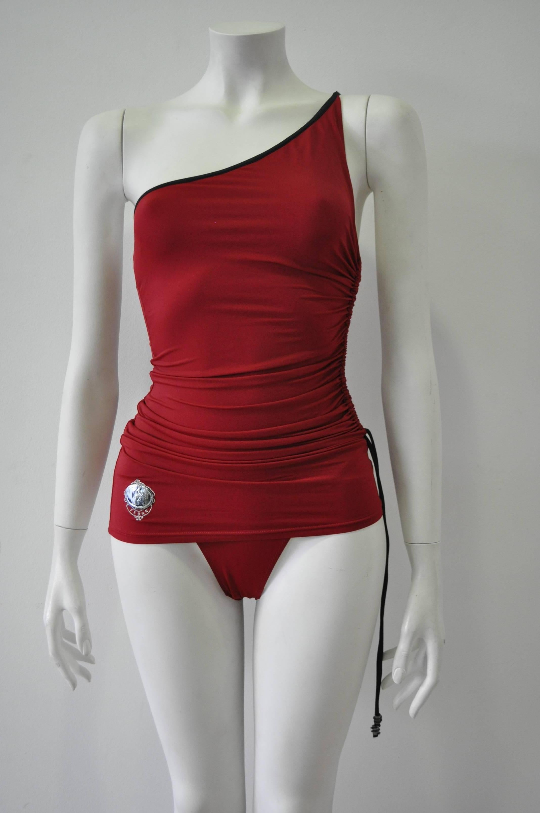 Gianfranco Ferre Deep Red Swimsuit with Regal Emblem Detail In New Condition For Sale In Athens, Agia Paraskevi