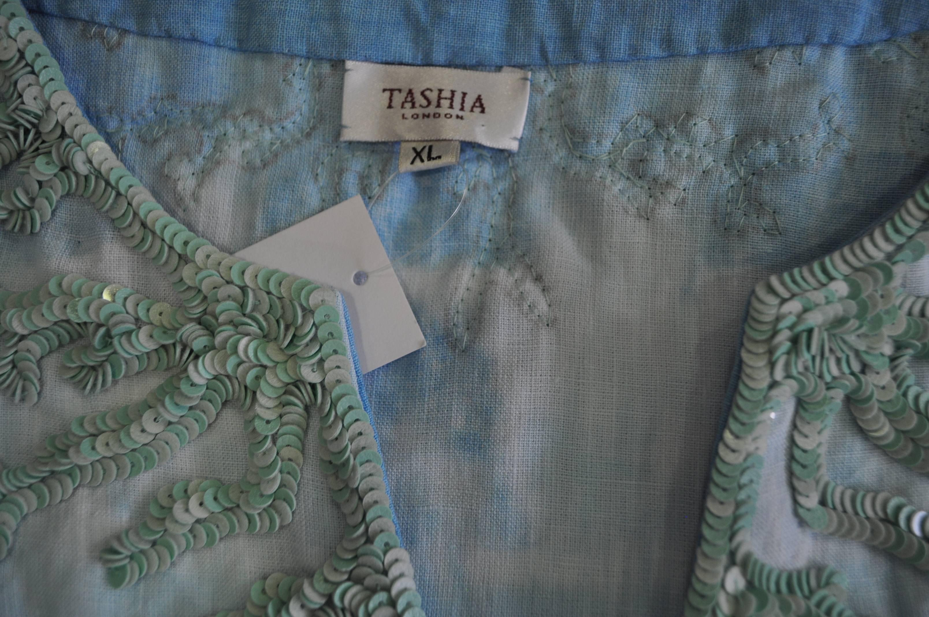 Exclusive Tashia of London Hombre Sequin Embroidered Linen Kaftan For Sale 1
