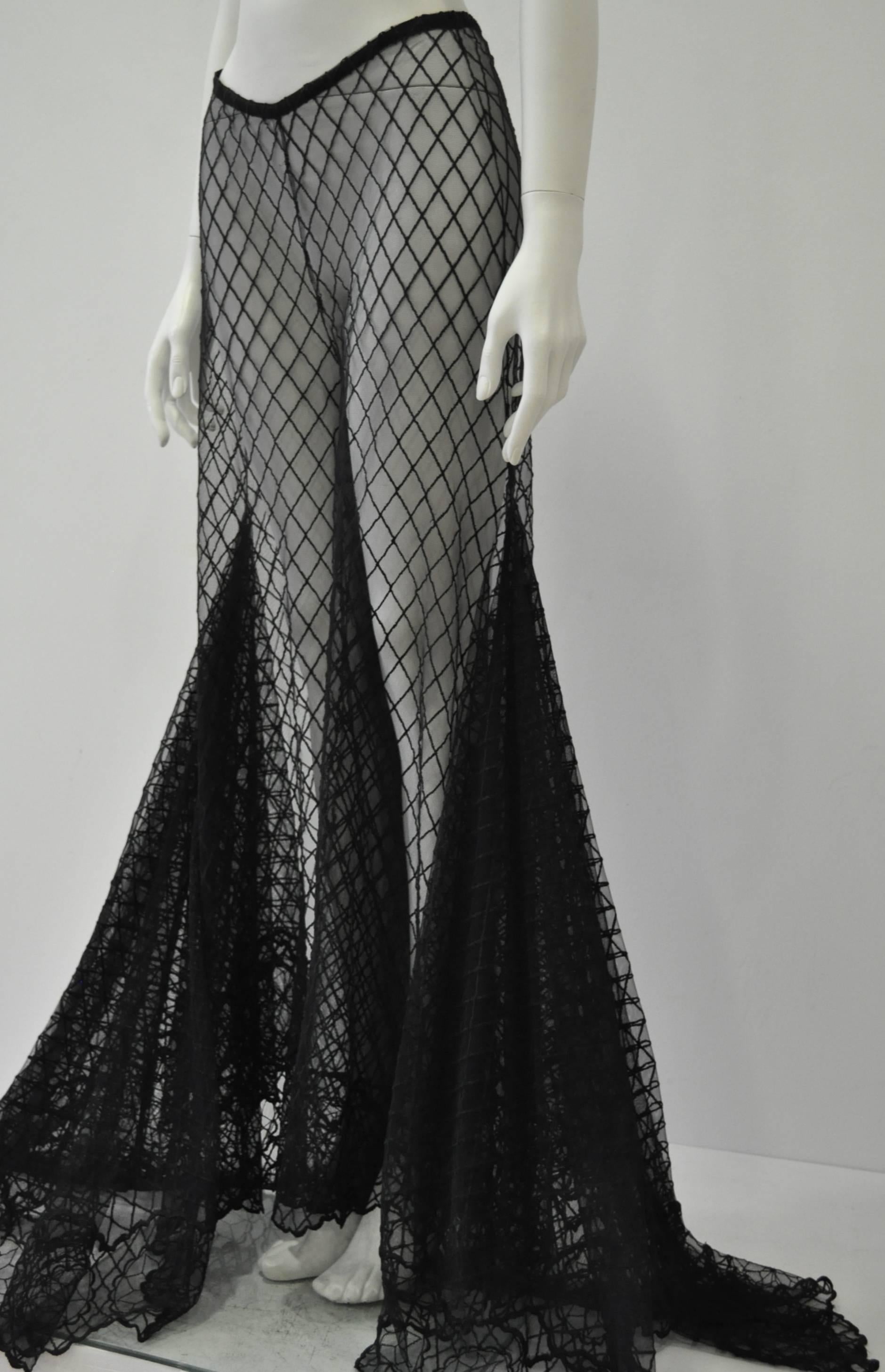 Black Dramatic Gianni Versace Couture Sheer Silk Tulle Lace Maxi Palazzo Pants For Sale