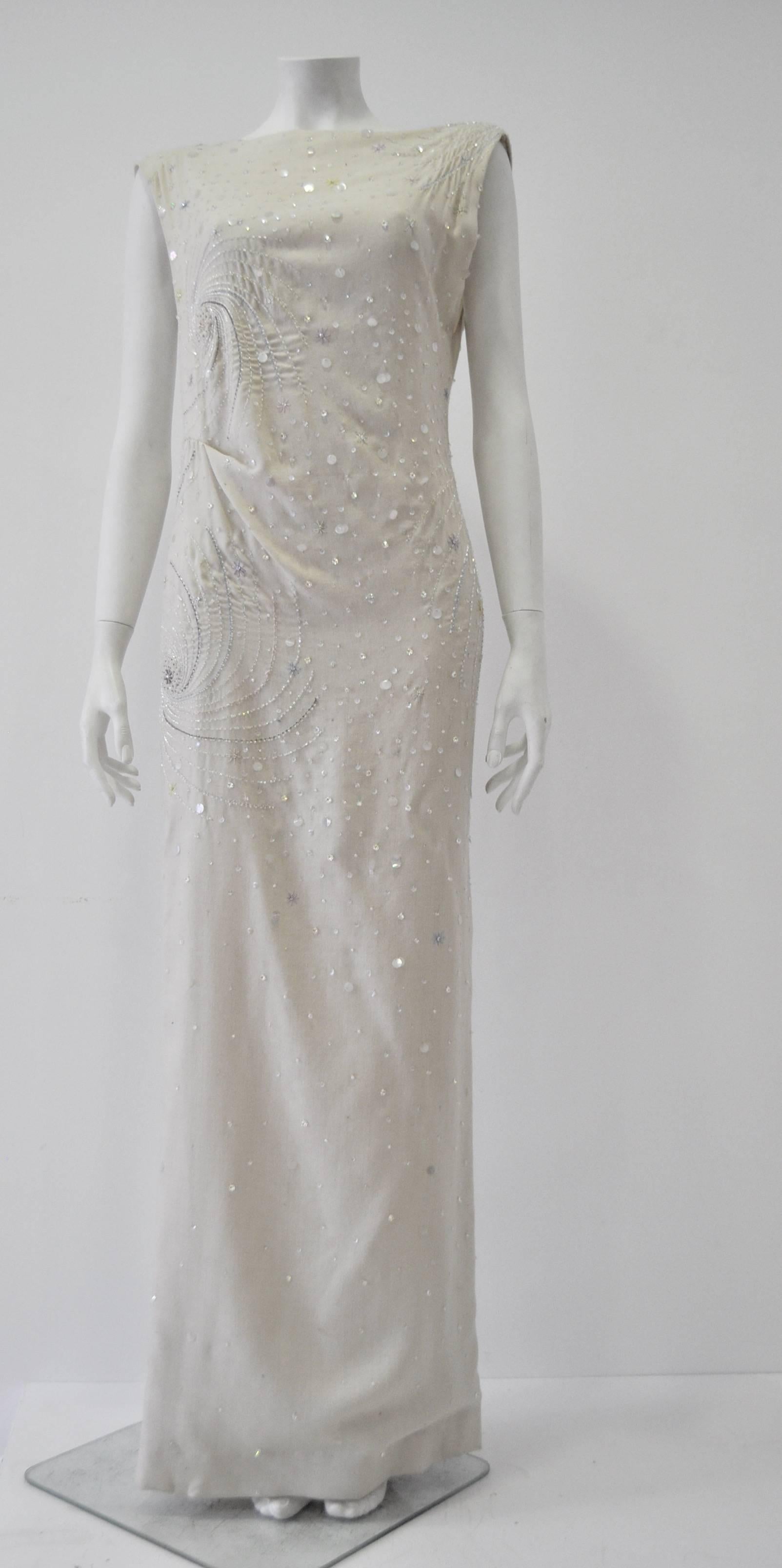 Uber Important Gianni Versace Couture Hand-Beaded Swirls of Pearls and Crystals Creme Lightweight Wool Maxi Dress