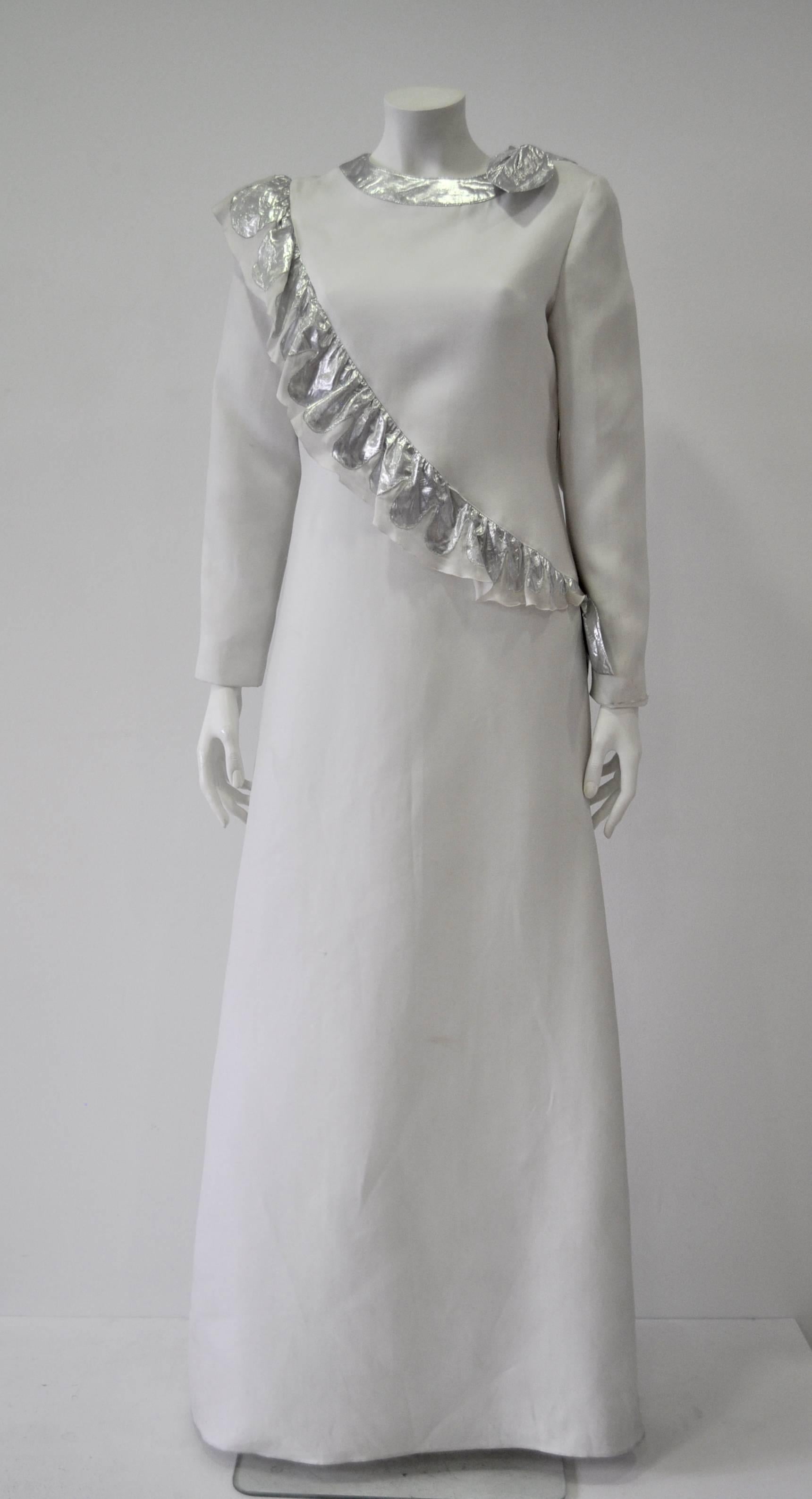 Museum Quality Courreges Metallic Ruffle Sash Evening Gown 1970's