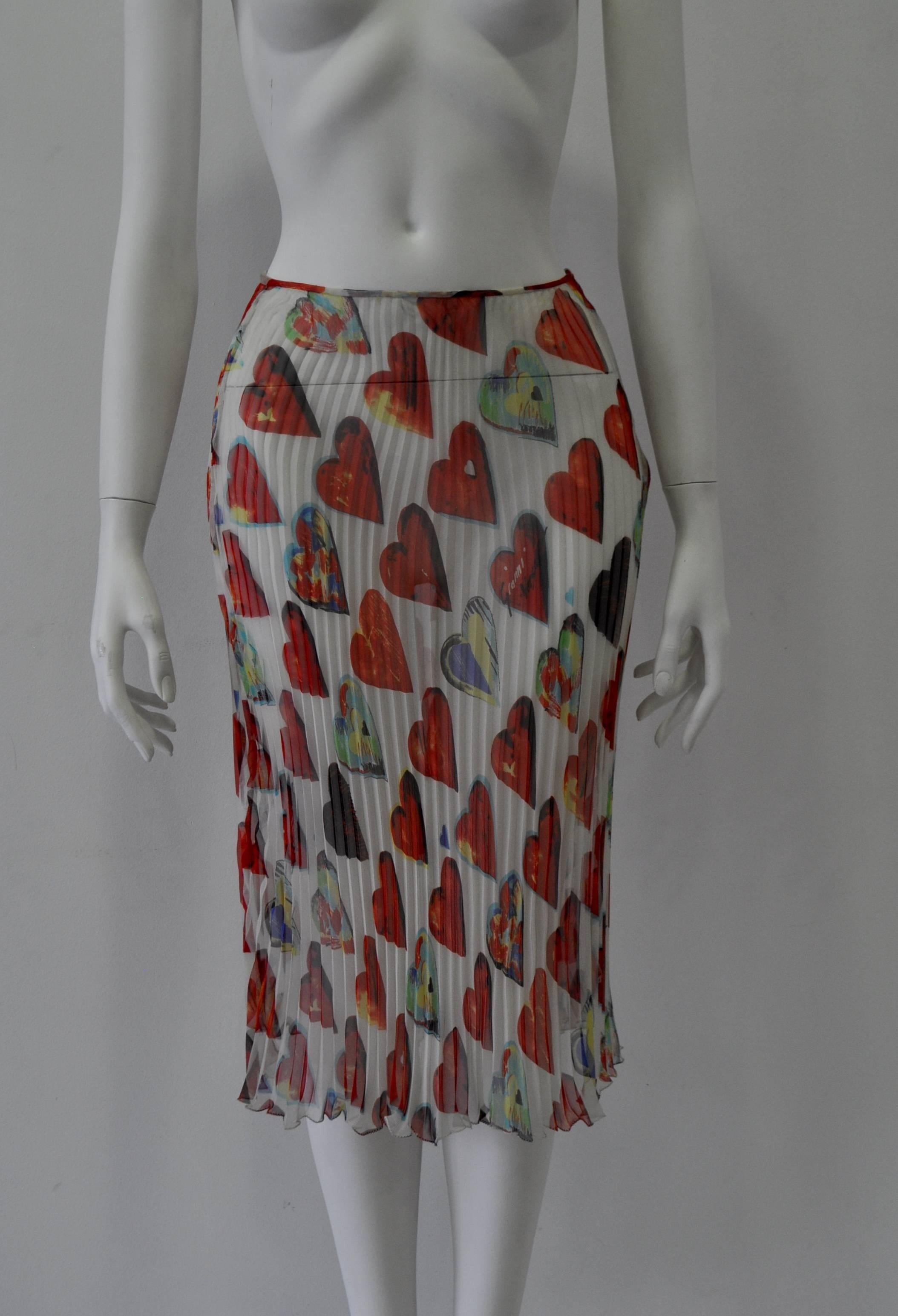 Gianni Versace Couture Sheer Heart Print Plisse Silk Skirt, Spring 1997