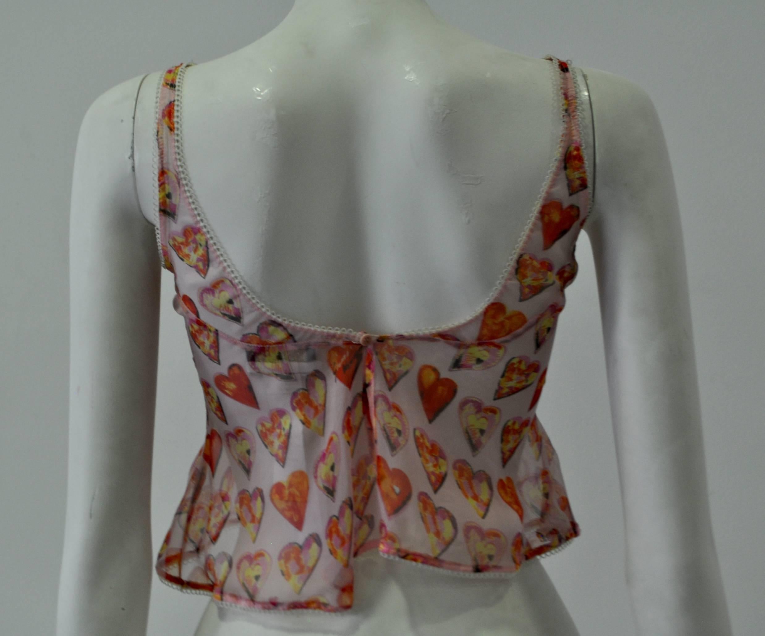 Brown Gianni Versace Couture Sheer Heart Print Frill Silk Top For Sale