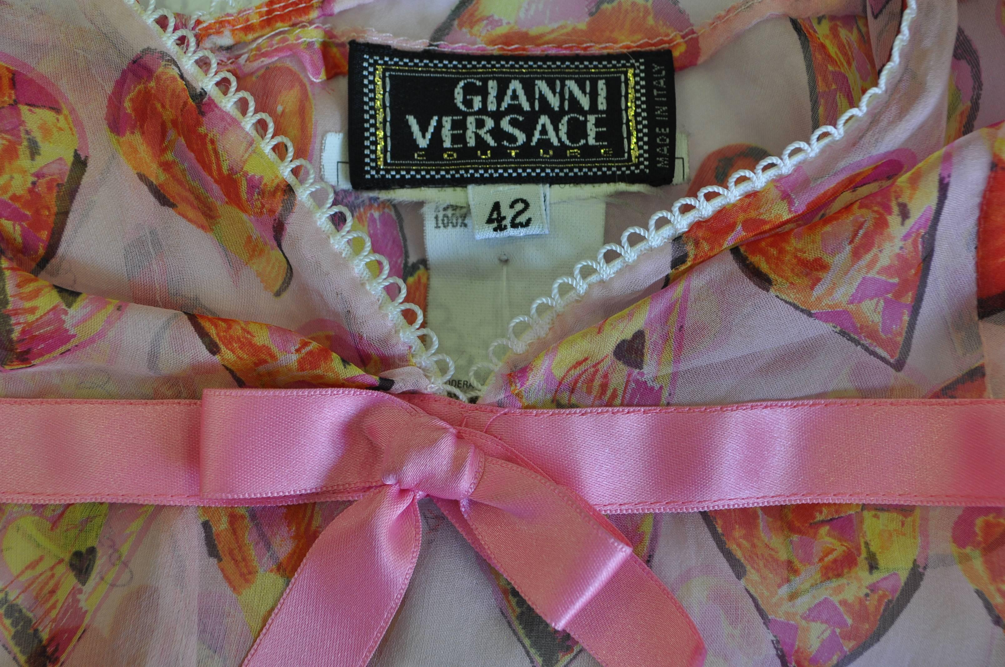 Gianni Versace Couture Sheer Heart Print Frill Silk Top In New Condition For Sale In Athens, Agia Paraskevi