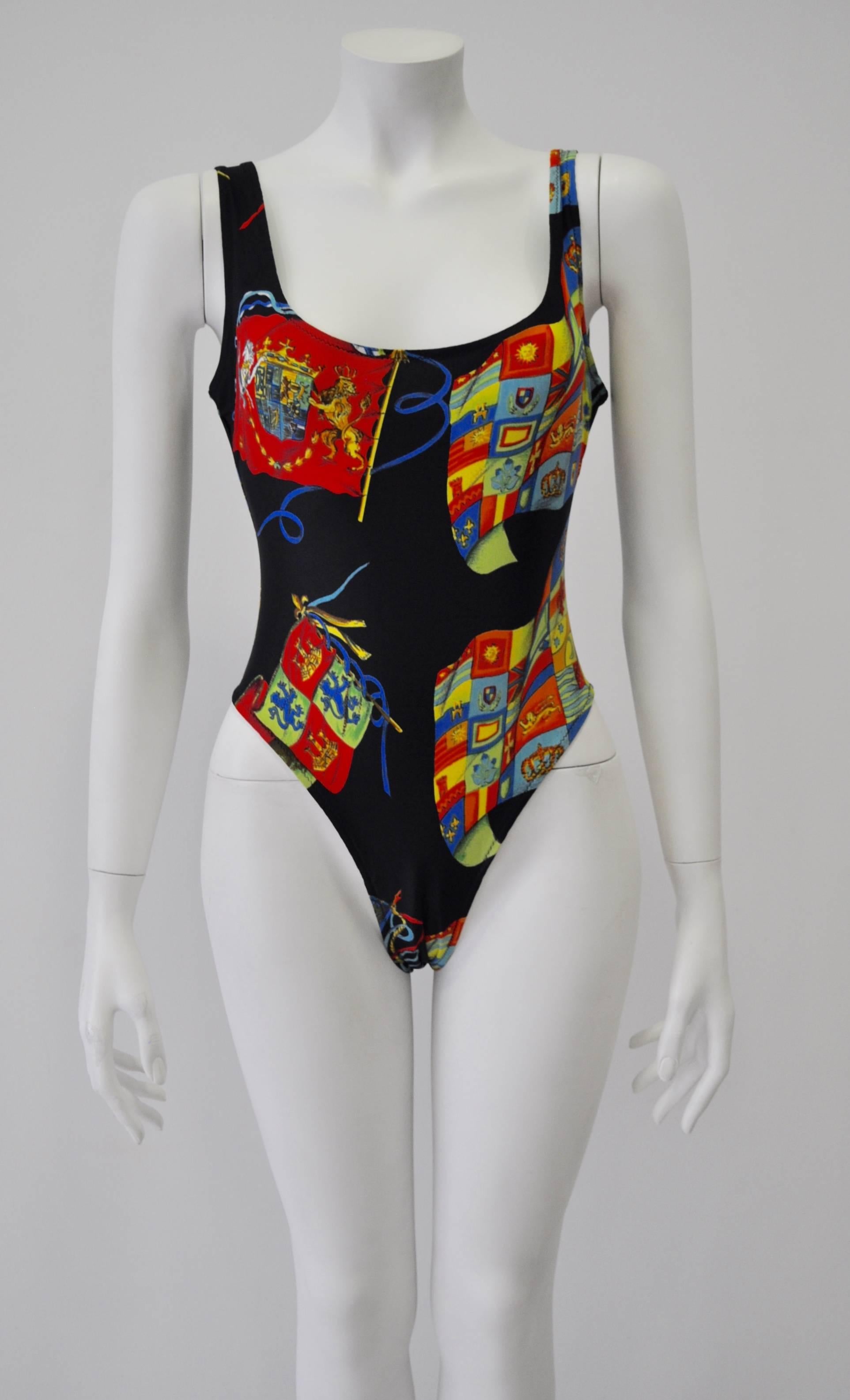 Black Gianni Versace Istante Coat of Arms Swimsuit For Sale