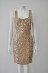Oleg Cassini Black Tie Beige Sequin Silk Dress