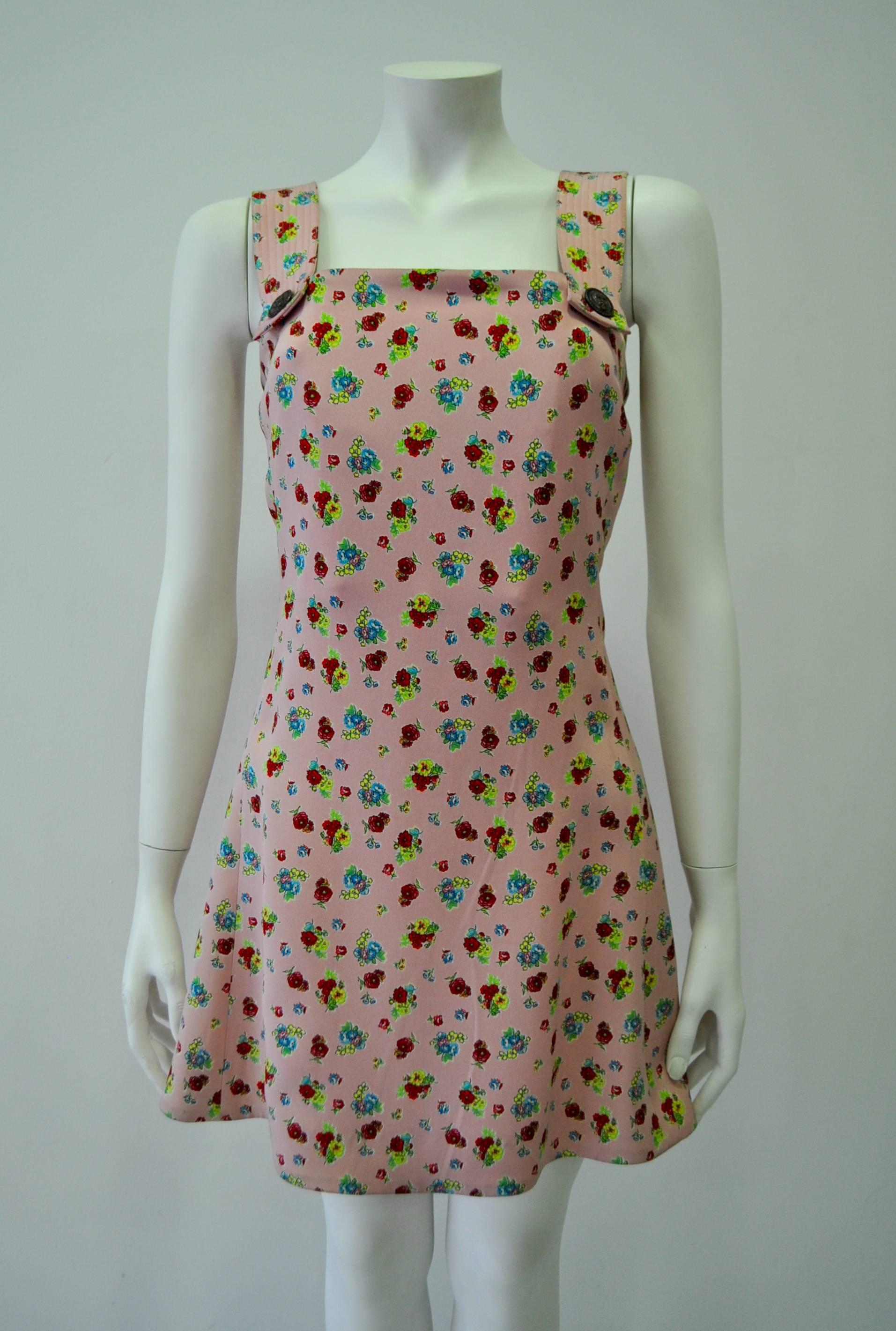 Brown Istante Gianni Versace Foral Silk Pinafore Featuring Iconic Buttons For Sale