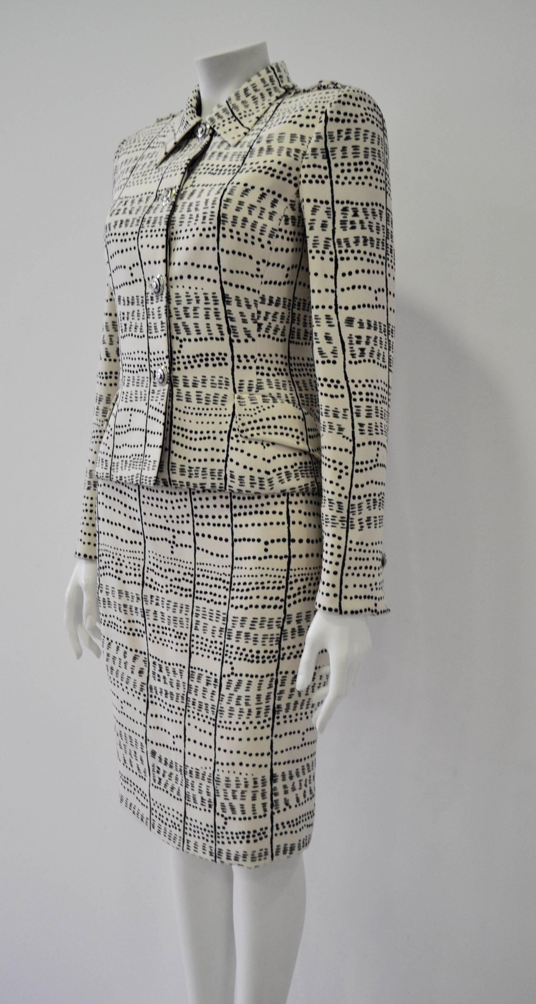 Rare and Exceptional Atelier Versace Dots and Stripes Print Silk Skirt Suit In New Condition For Sale In Athens, Agia Paraskevi