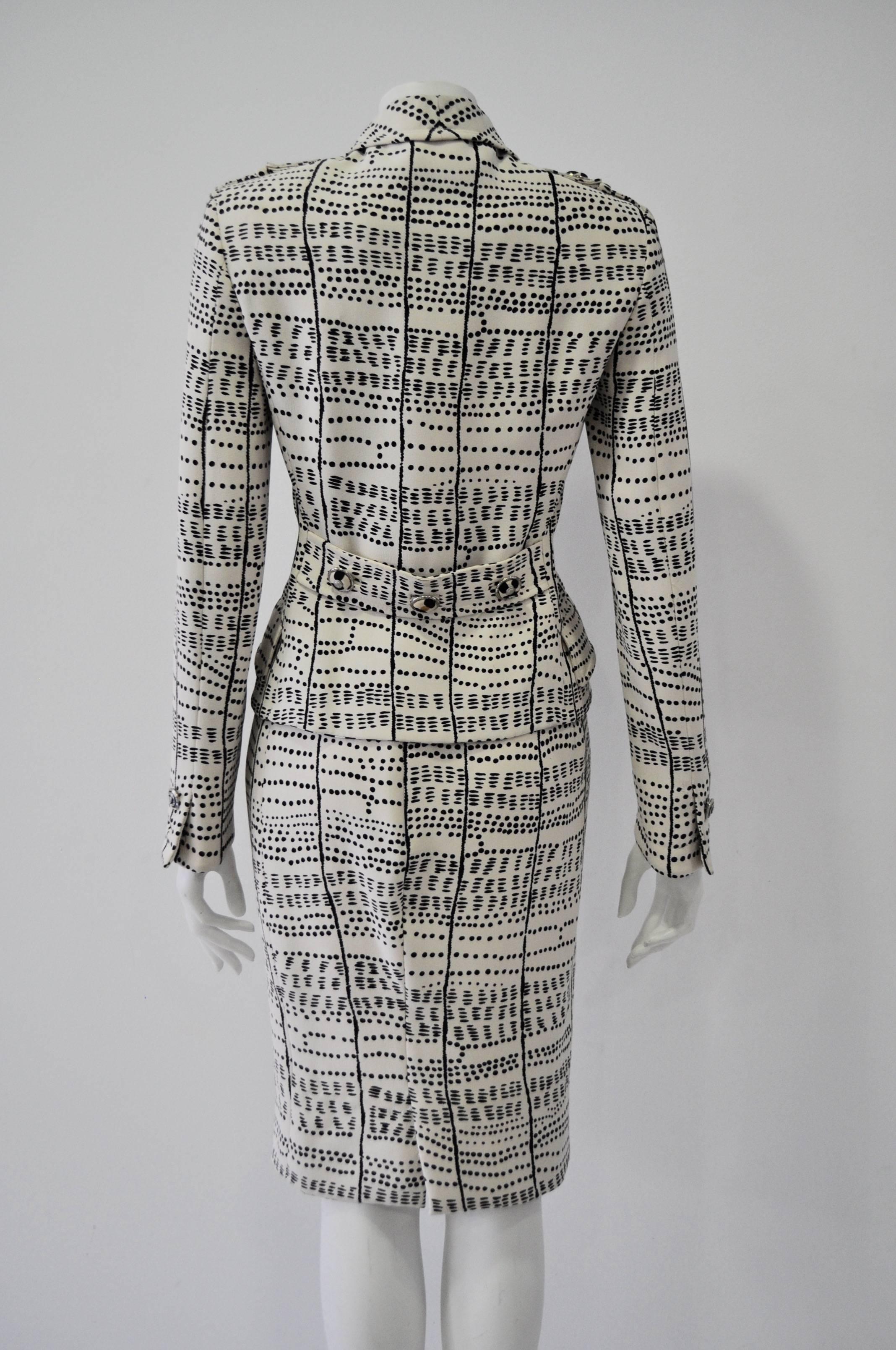 Gray Rare and Exceptional Atelier Versace Dots and Stripes Print Silk Skirt Suit For Sale