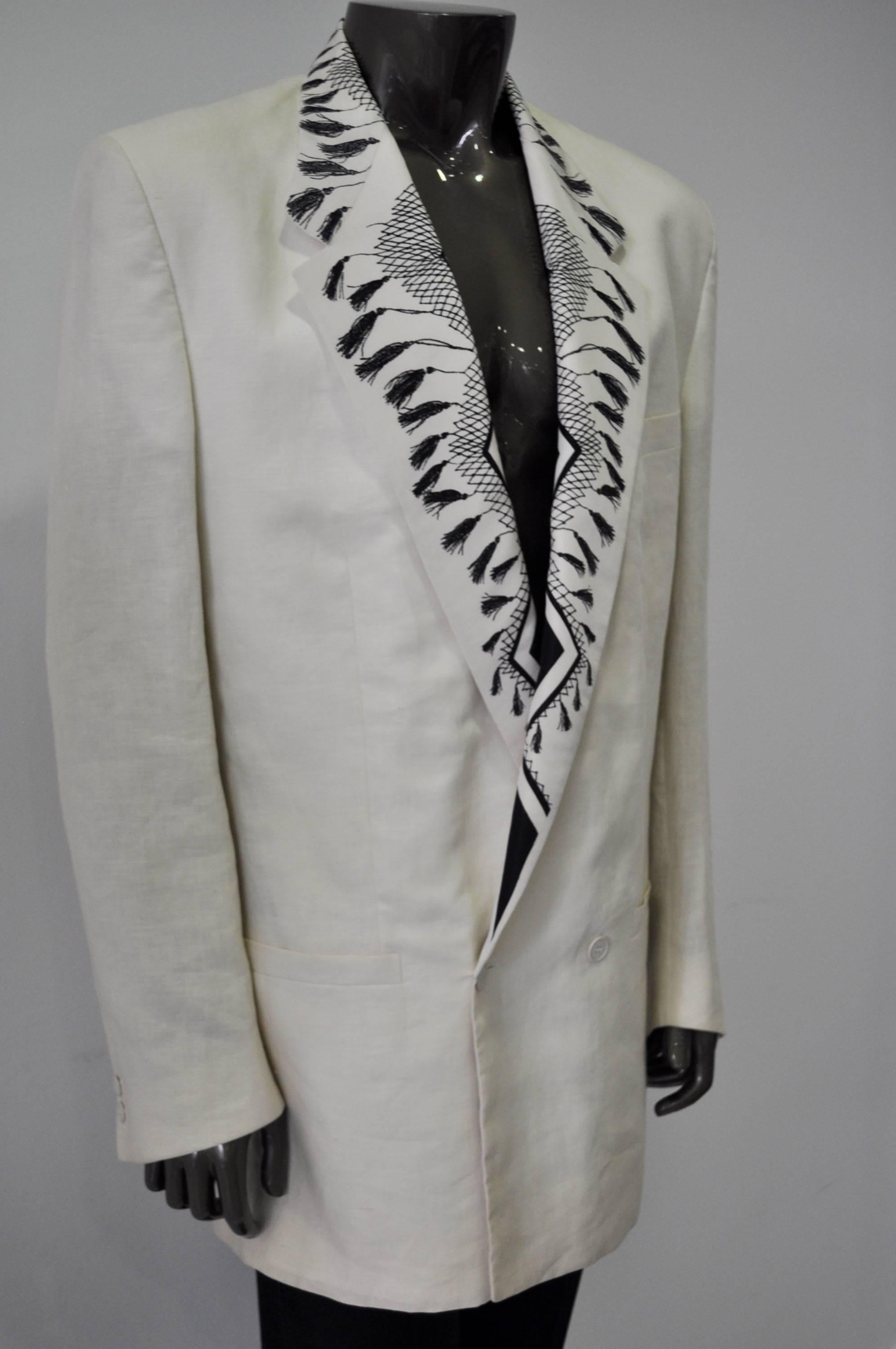 Extremely Rare Linen Tassel Print Lapel Mens Jacket In New Condition For Sale In Athens, Agia Paraskevi