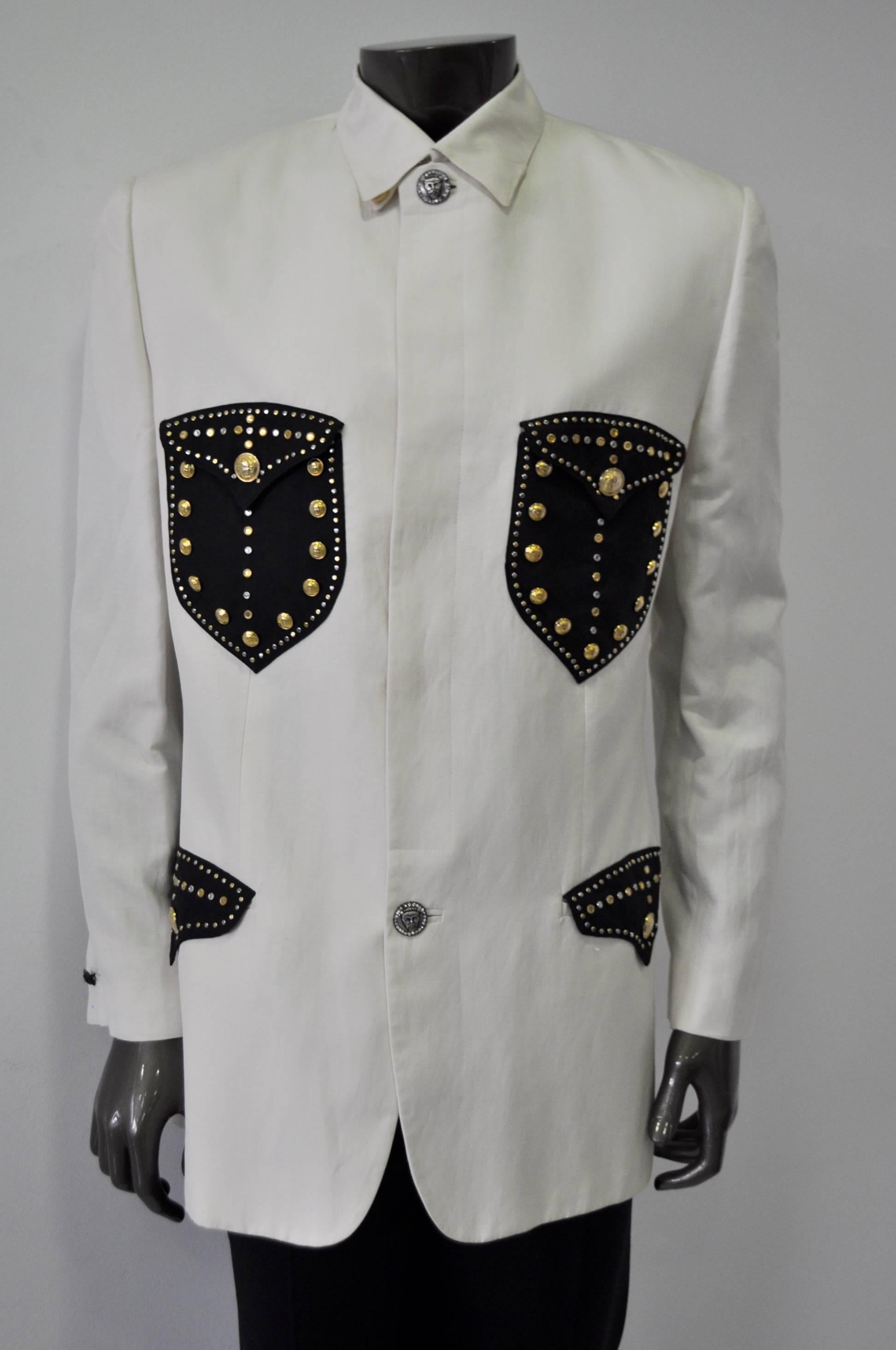 Uber Rare and Important Studded Contrasting Pocket and Placket Silk/Linen Jacket featuring Iconic Medusa Buttons, Sensational Spring 1993 Collection