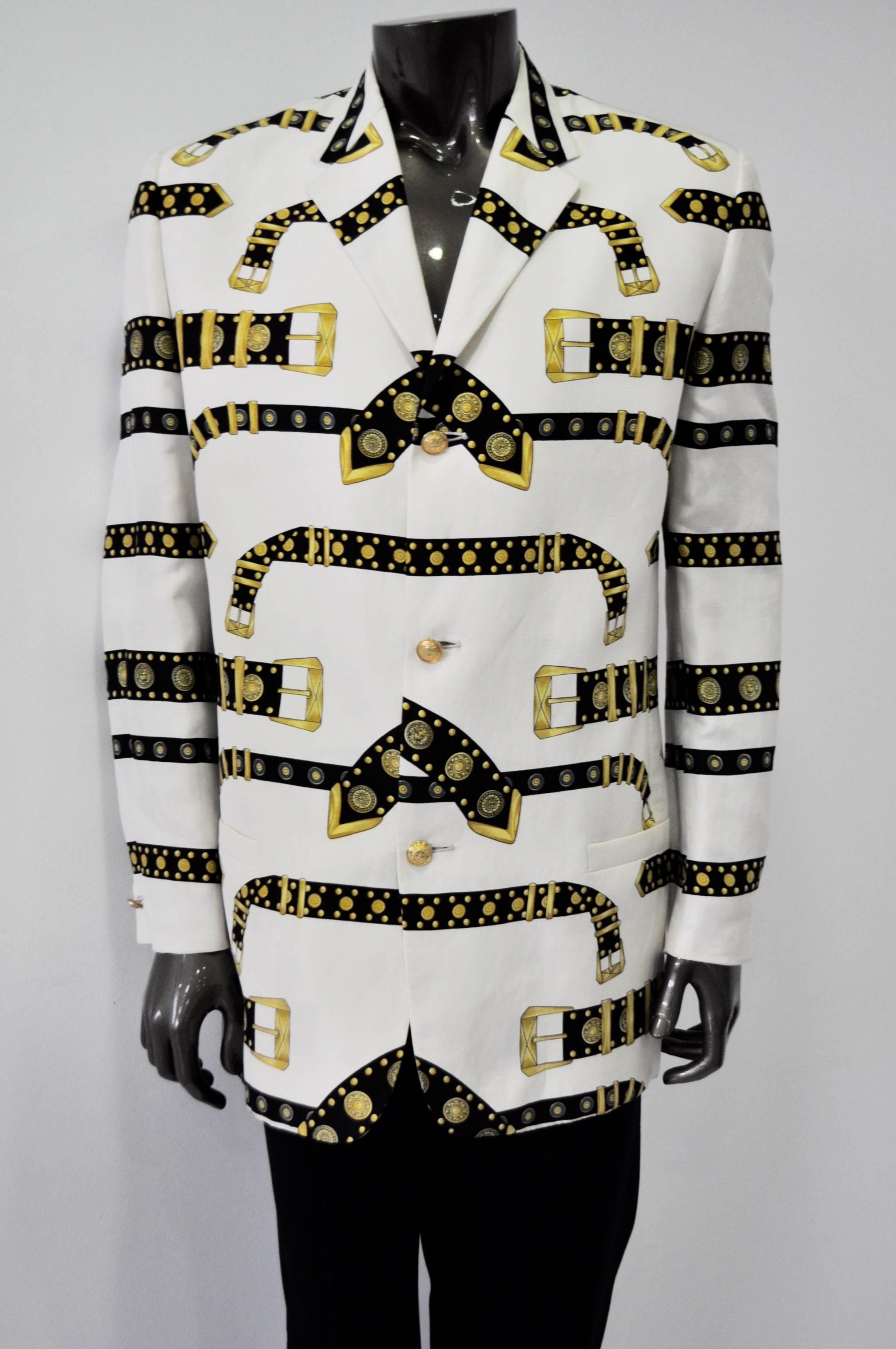 Iconic and Rare Gianni Versace Studded Belt Print Mens Linen Jacket, Sensational Spring 1993 Collection