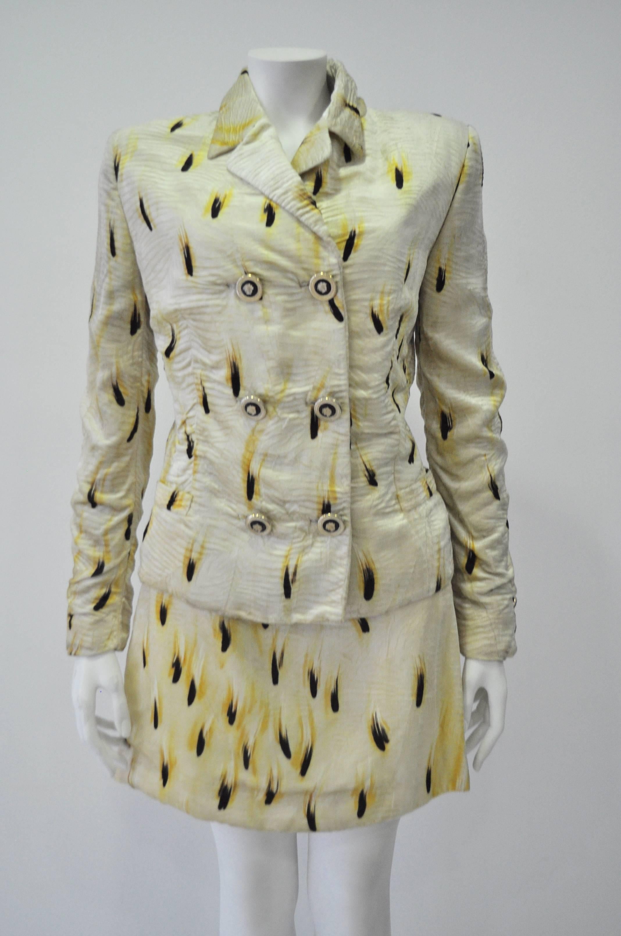Highly Original Gianni Versace Couture Abstract Plume Print Crushed Velvet Skirt Suit, Fall 1994