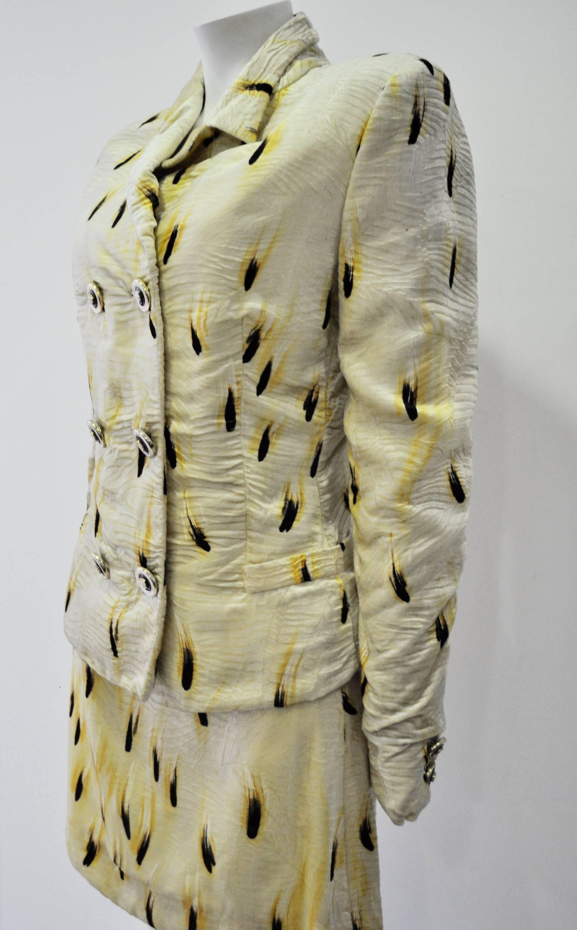 Brown Highly Original Gianni Versace Couture Abstract Plume Print Skirt Suit For Sale