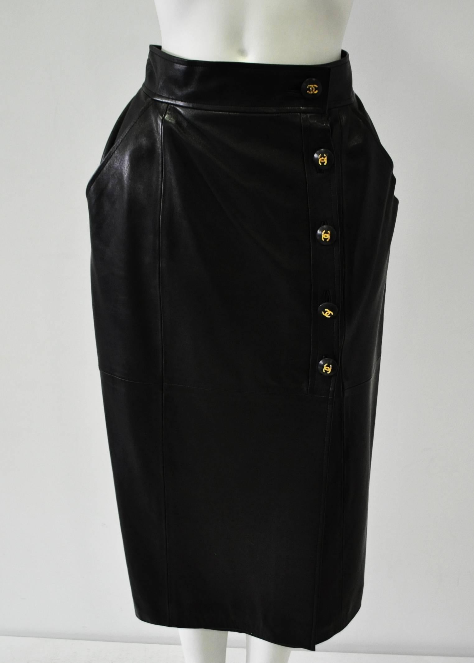 Must Have Chanel Black Leather Iconic Side Button Mid Length Skirt