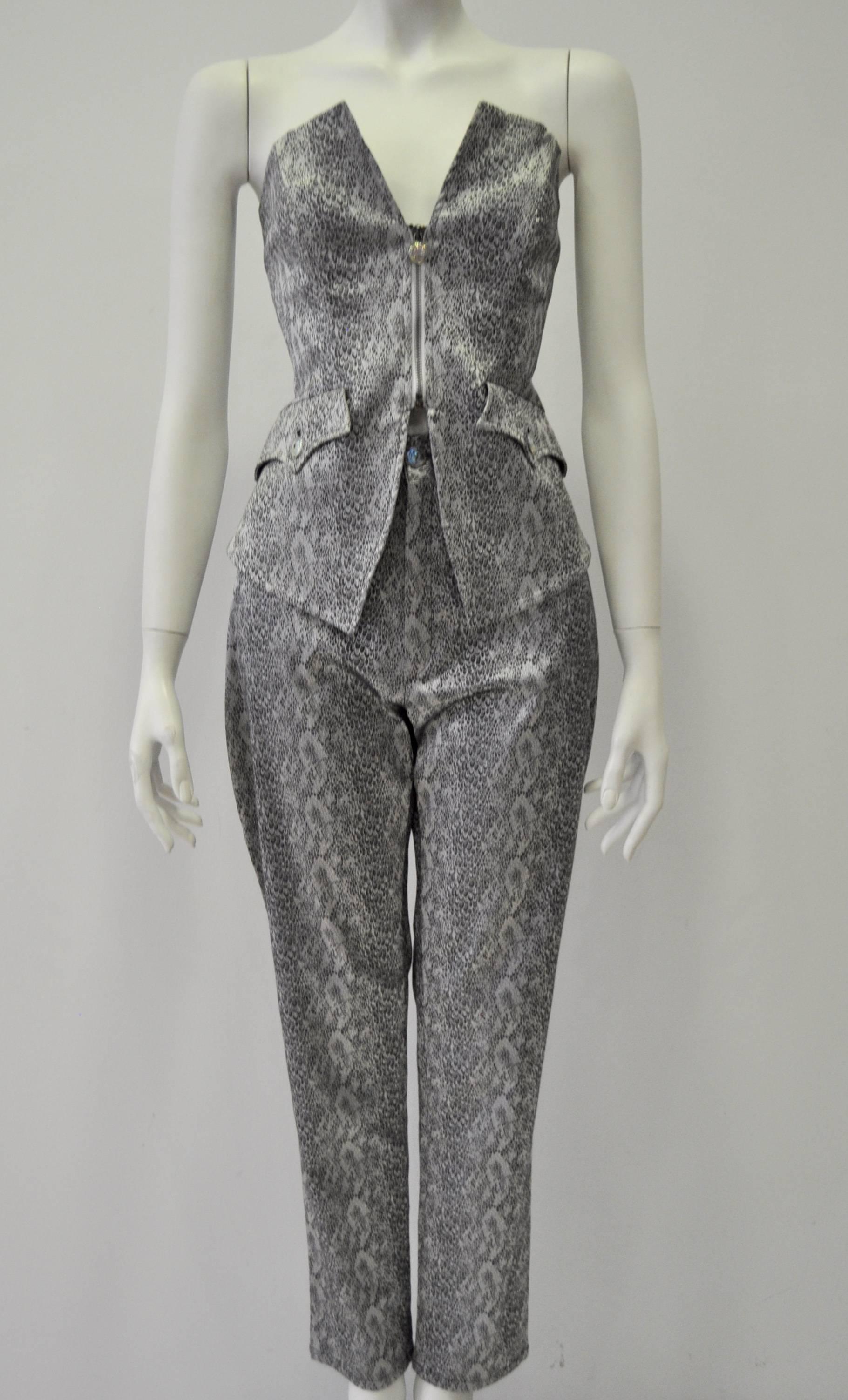 Sensational Bazar de Christian Lacroix Strapless Bustier Lustrous Snake Print Pantsuit Accented with Iridescent Buttons at Plackets and Front Zipper Pull