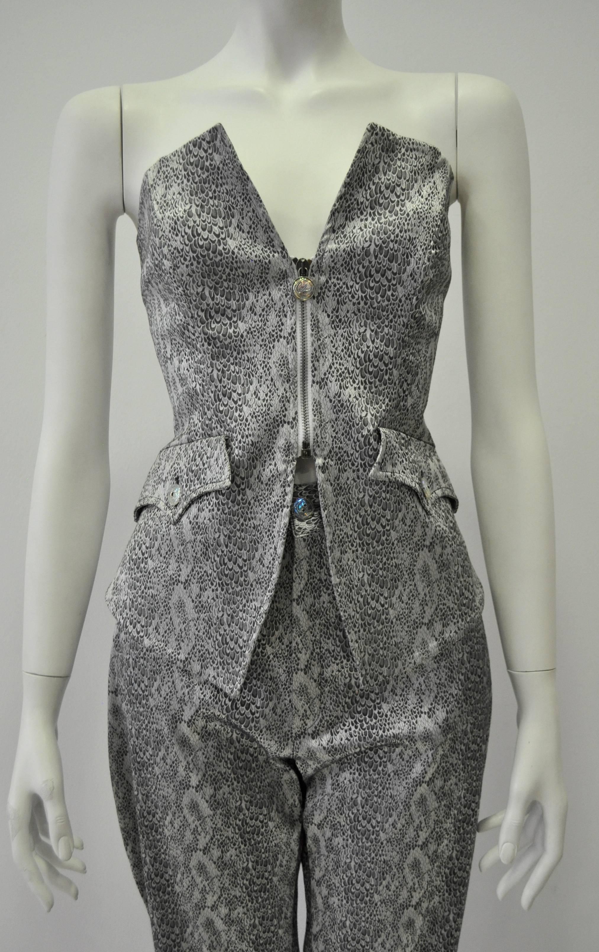 Gray Sensational Bazar de Christian Lacroix Strapless Bustier Snake Print Pantsuit For Sale