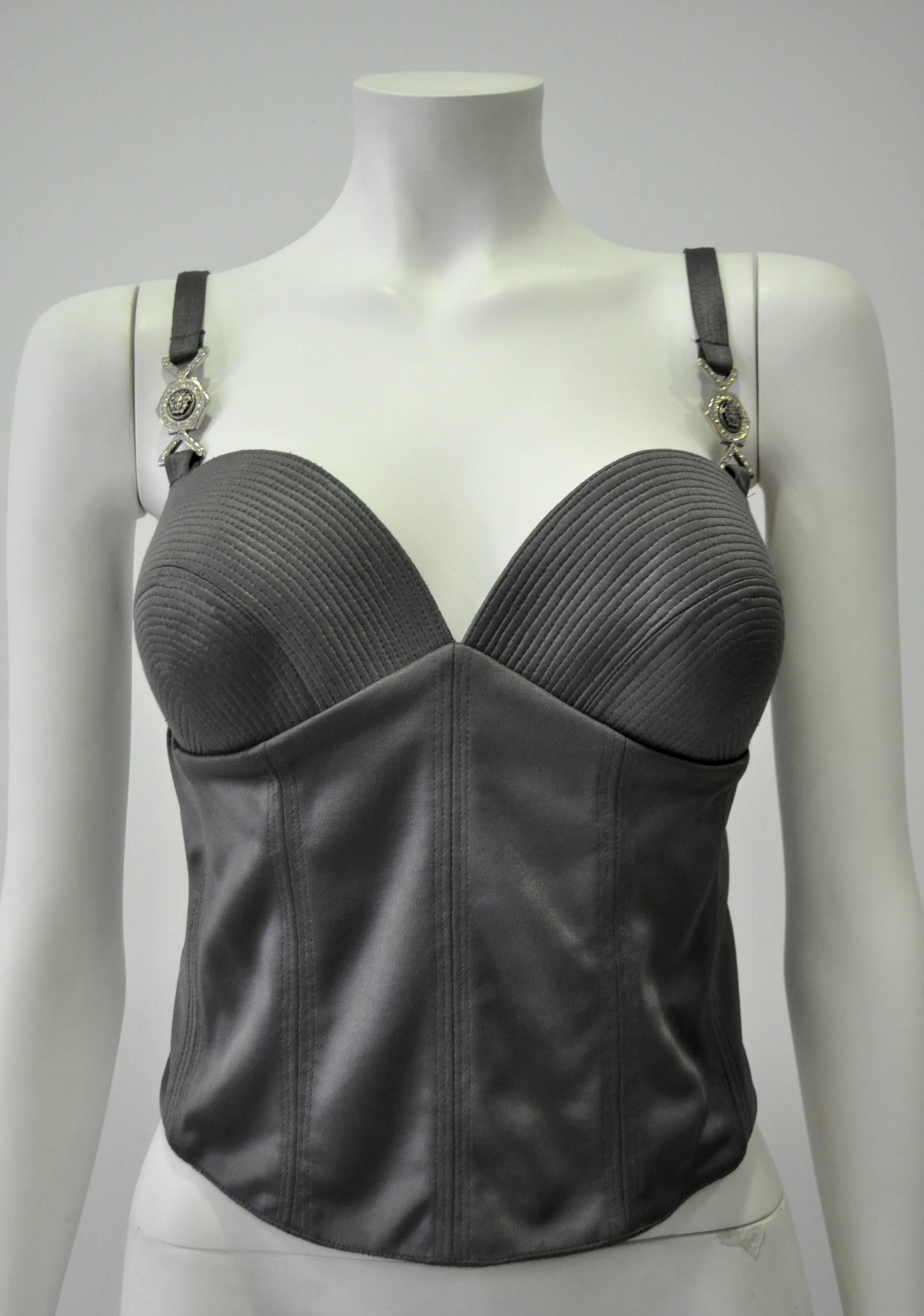 Iconic Gianni Versace Versatile Couture Anthracite Boned Bustier featuring Crystal Embellished Medusa Hardware at Straps