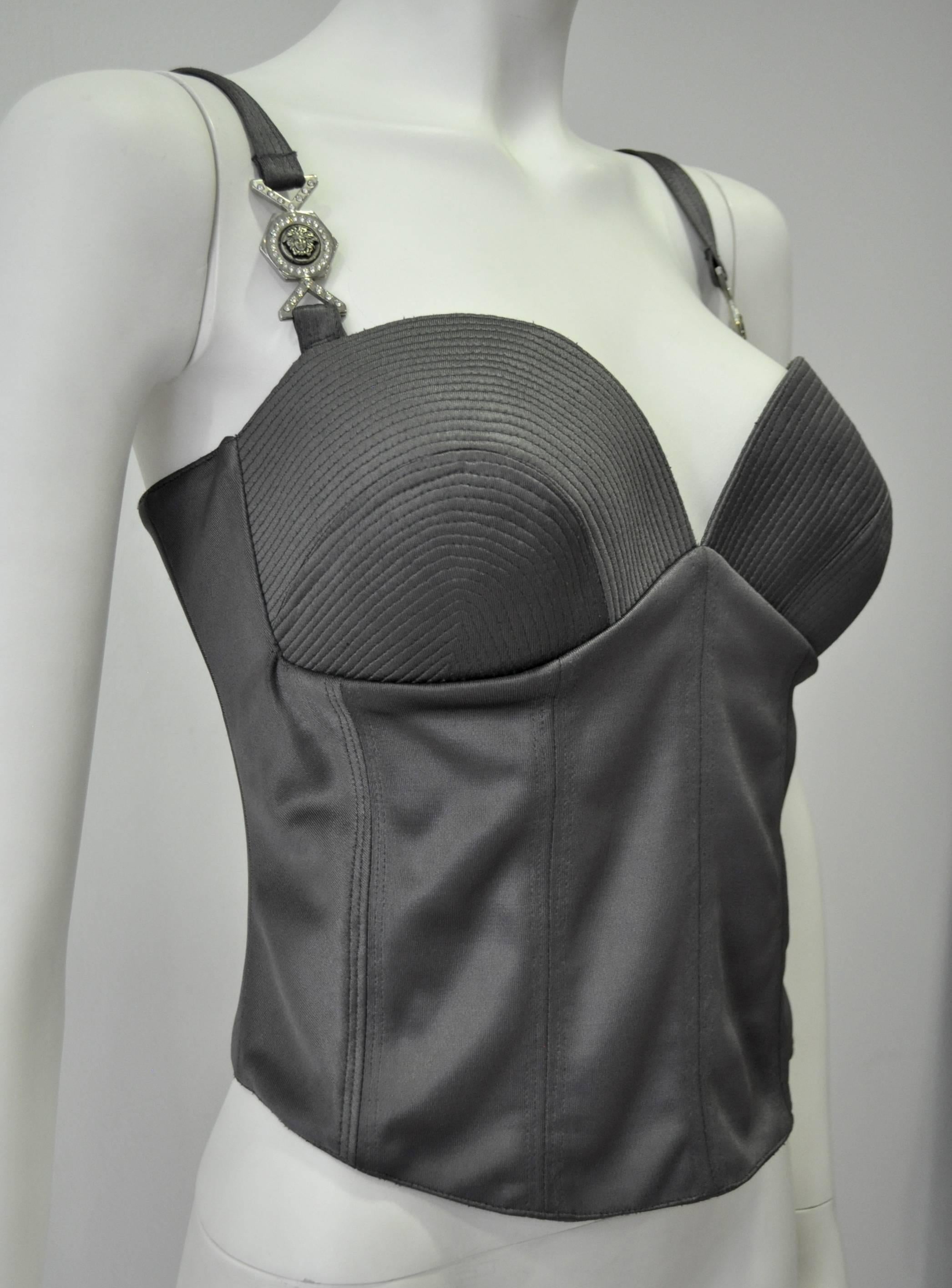 Iconic Gianni Versace Versatile Couture Anthracite Boned Bustier In New Condition In Athens, Agia Paraskevi