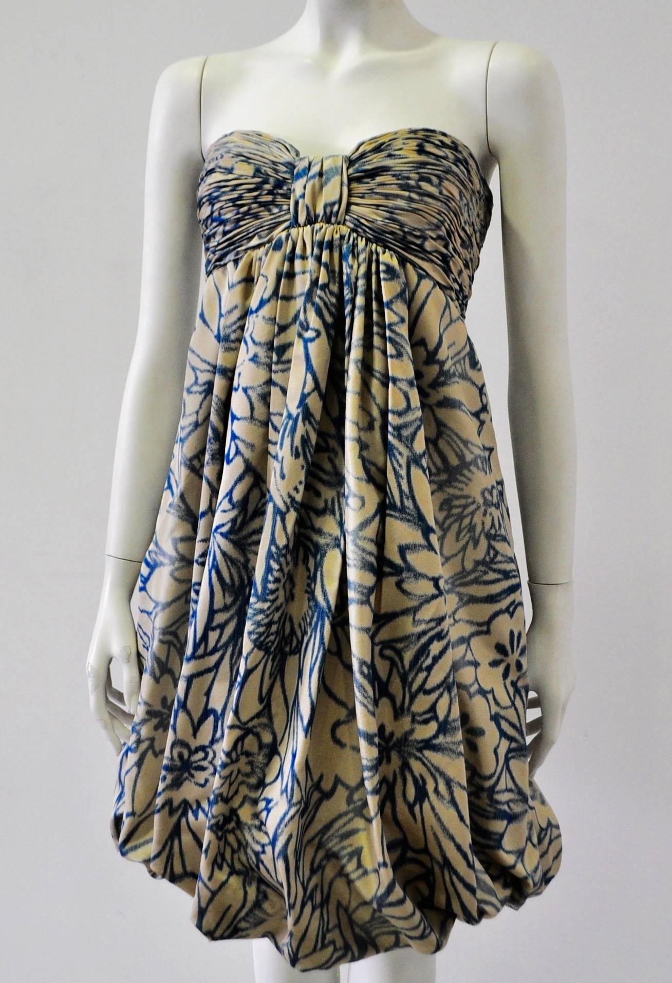 Unique Oscar de la Renta Strapless Floral Print Bubble Skirt Silk Dress