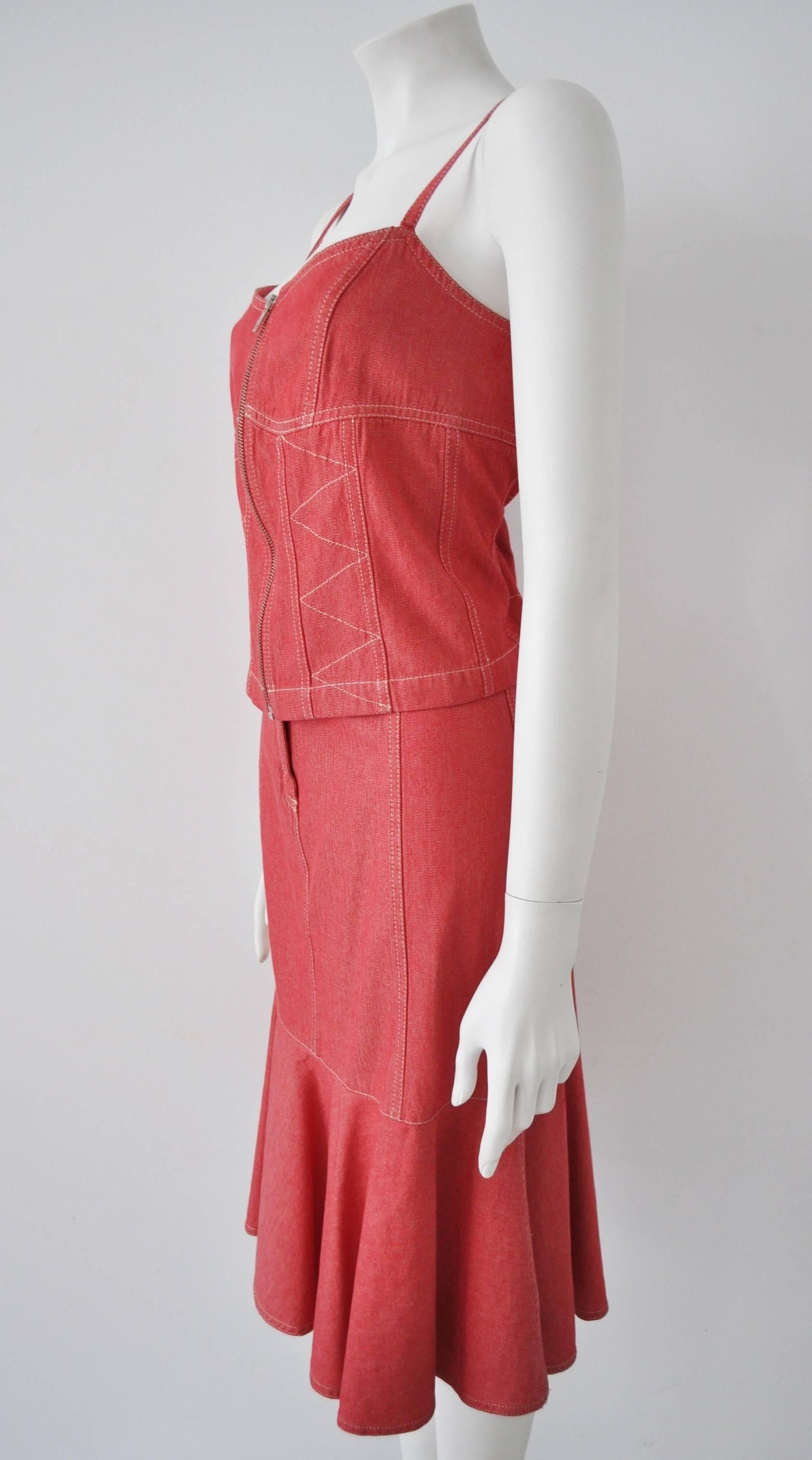 Women's Original Marc Cain Red Denim Contrast Stitch Bustier Skirt Ensemble For Sale