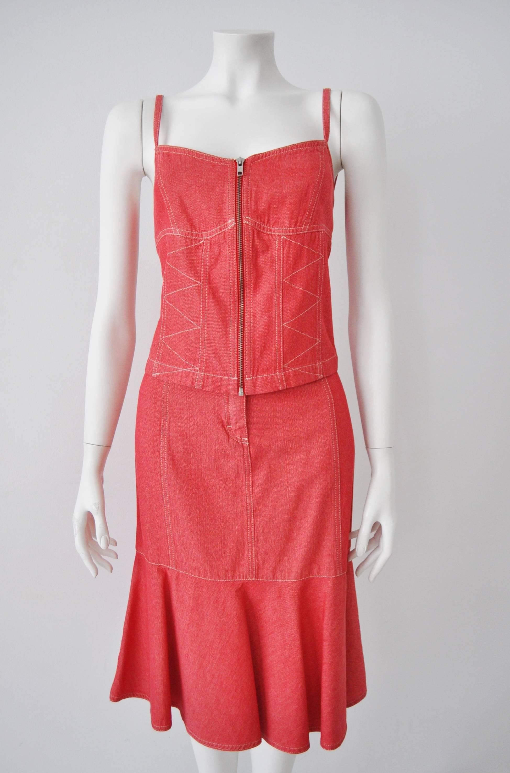 Original Marc Cain Red Denim Contrast Stitch Bustier Skirt Ensemble In New Condition For Sale In Athens, Agia Paraskevi