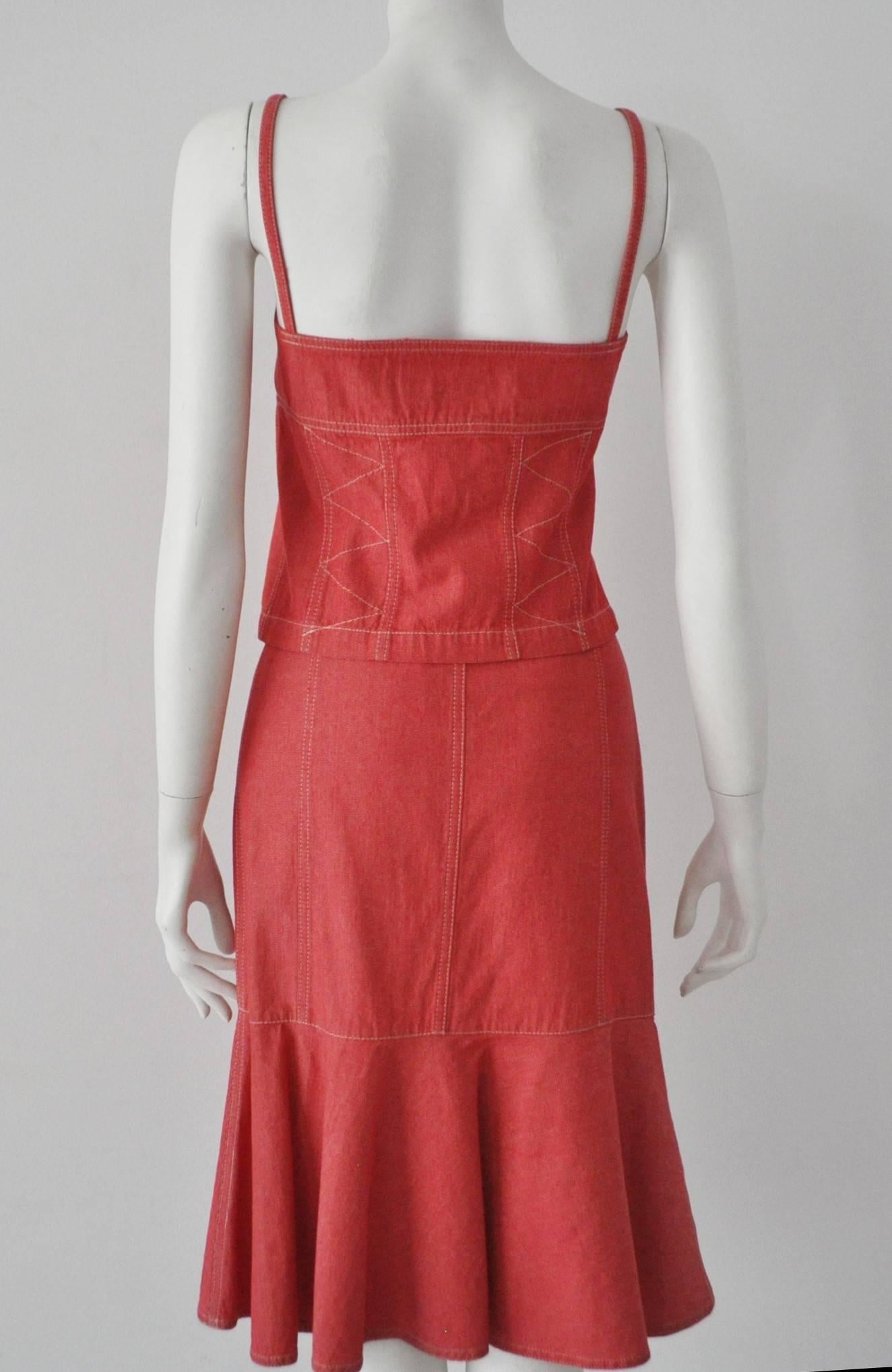 Original Marc Cain Red Denim Contrast Stitch Bustier Skirt Ensemble For Sale 1